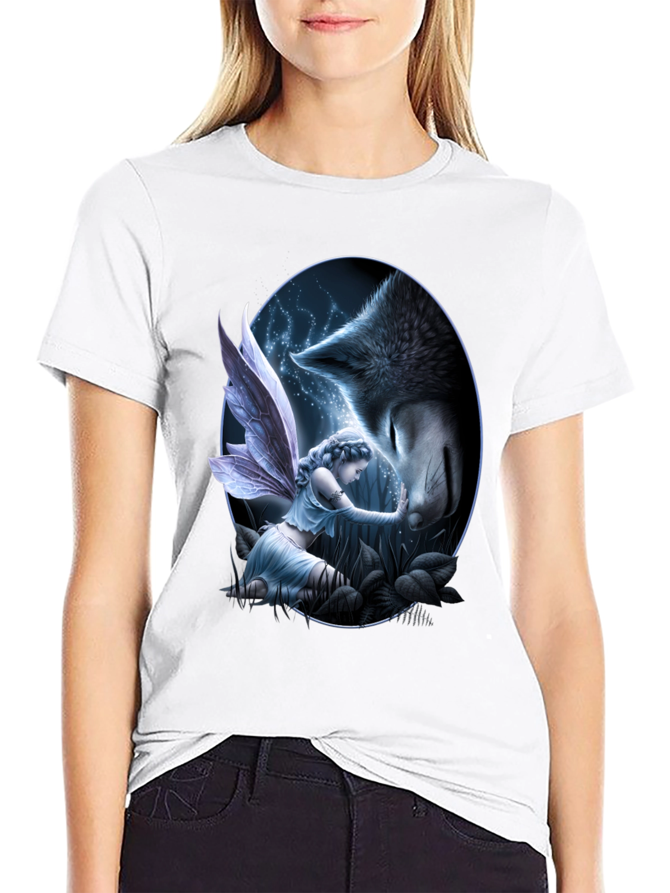 Fairy & Wolf Graphic Tee - Mystical Creature Design