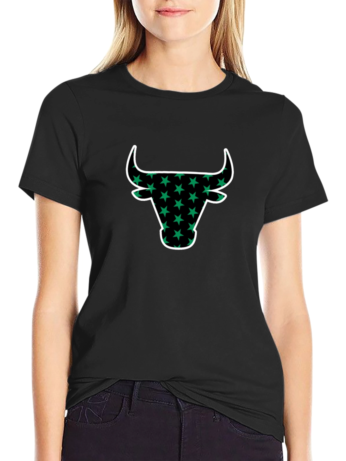Black T-Shirt with Bull Head Star Design