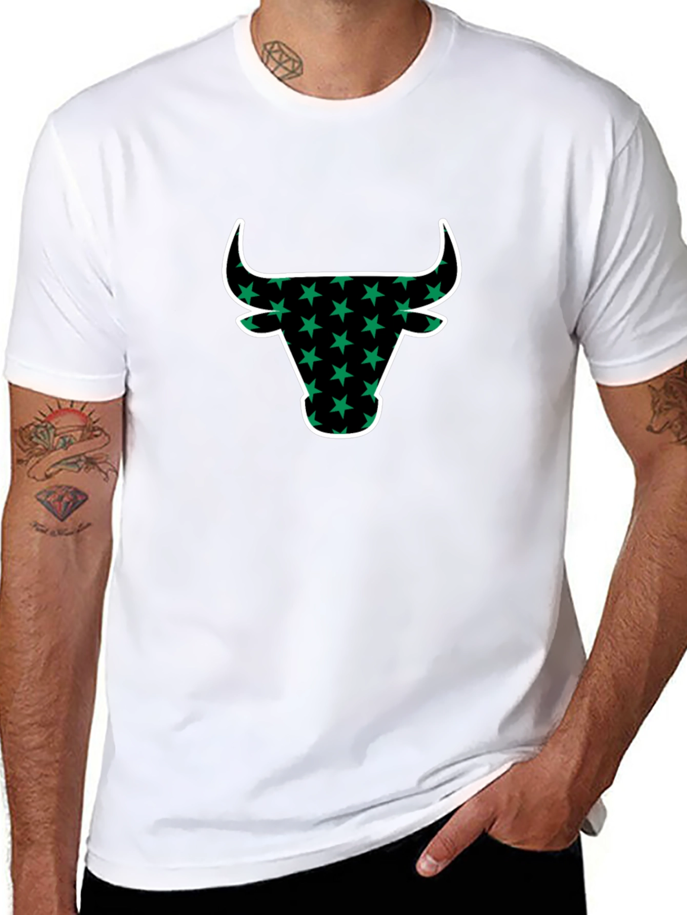 Black T-Shirt with Bull Head Star Design