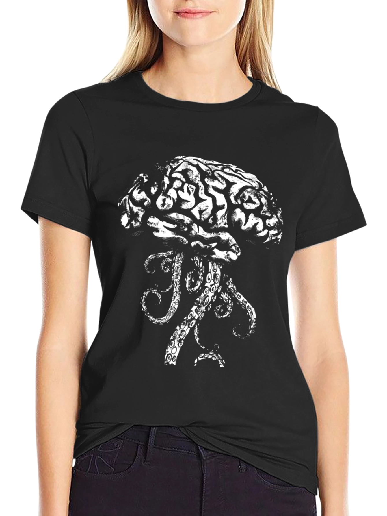 Brain Squid Graphic Tee - Black Cotton T-Shirt