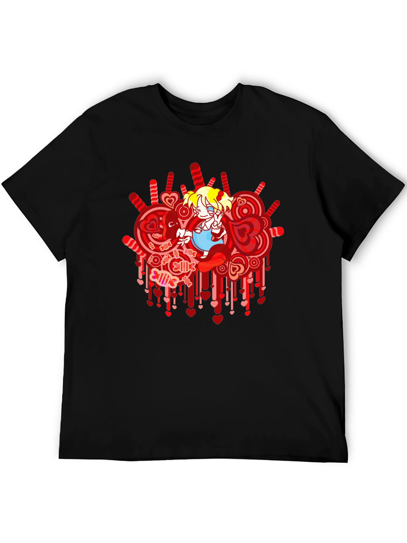 Anime Girl Heart Lollipop Black Graphic Tee