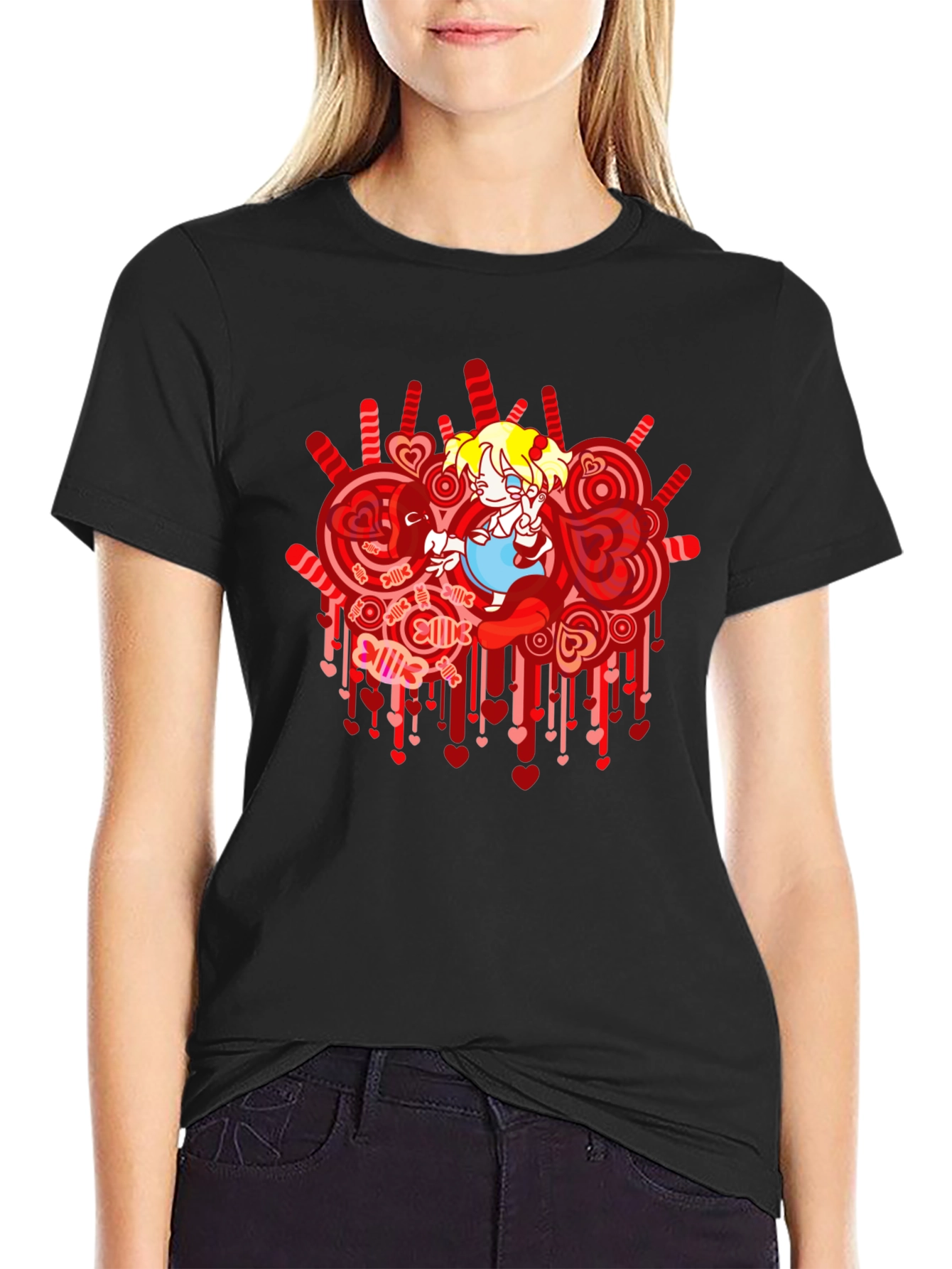 Anime Girl Heart Lollipop Black Graphic Tee