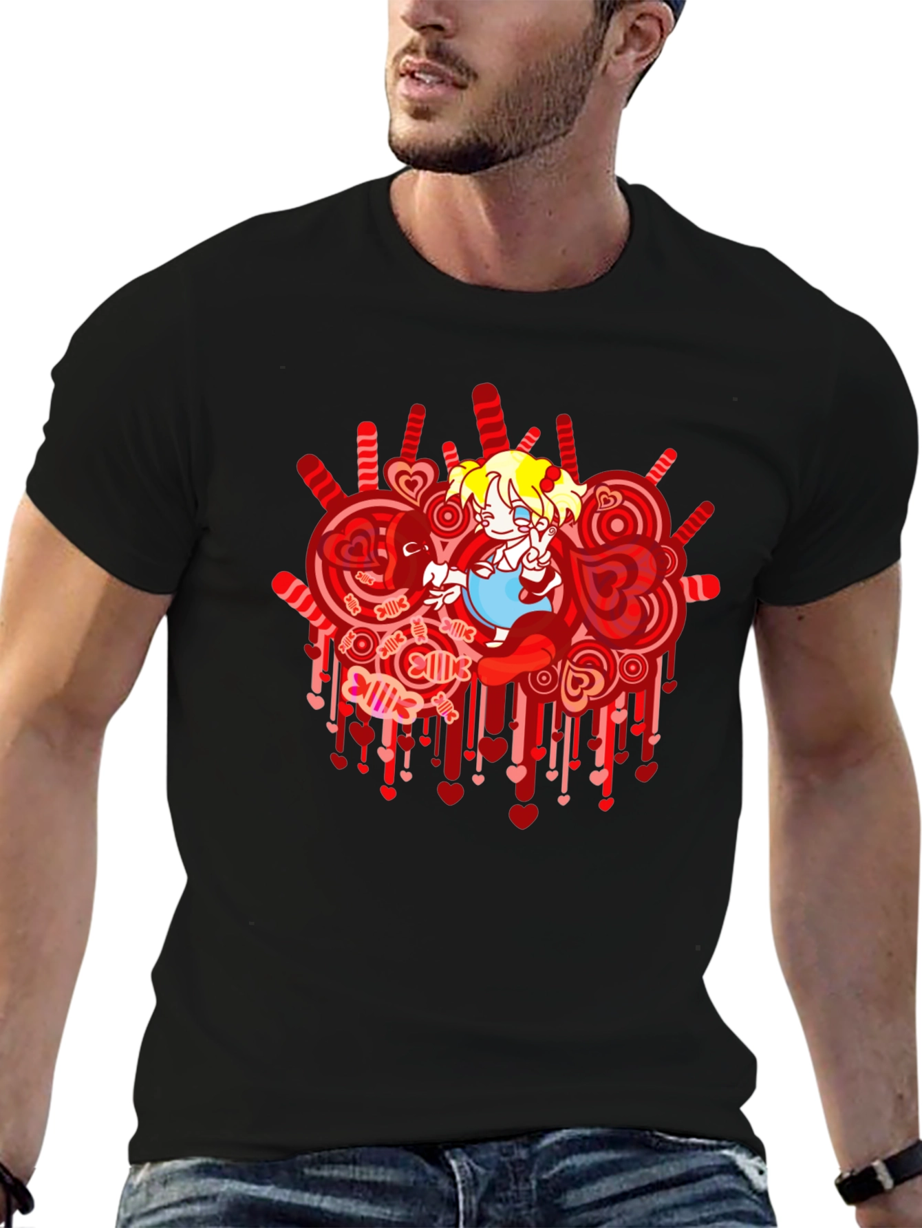 Anime Girl Heart Lollipop Black Graphic Tee