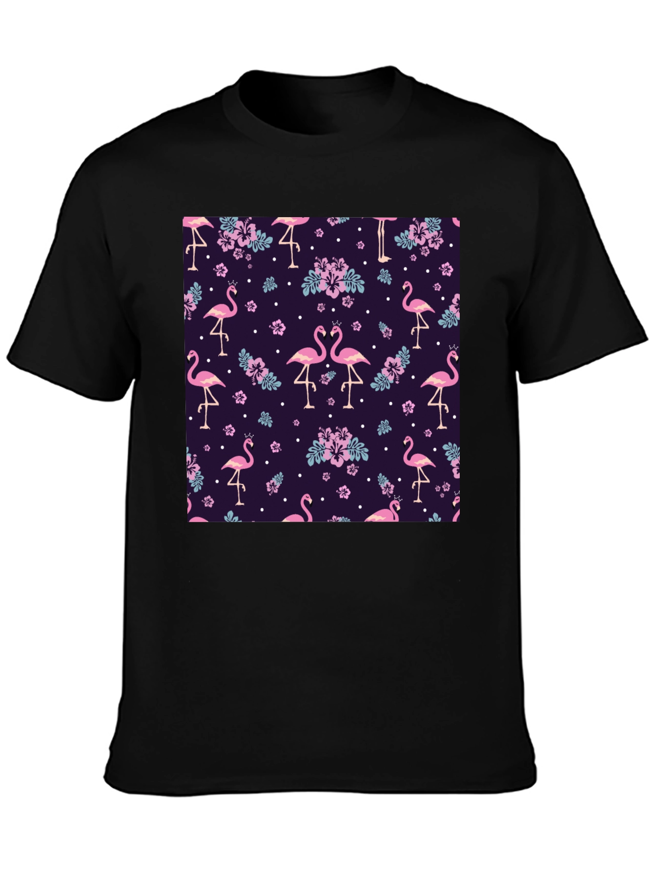 Flamingo Floral Print Black T-Shirt