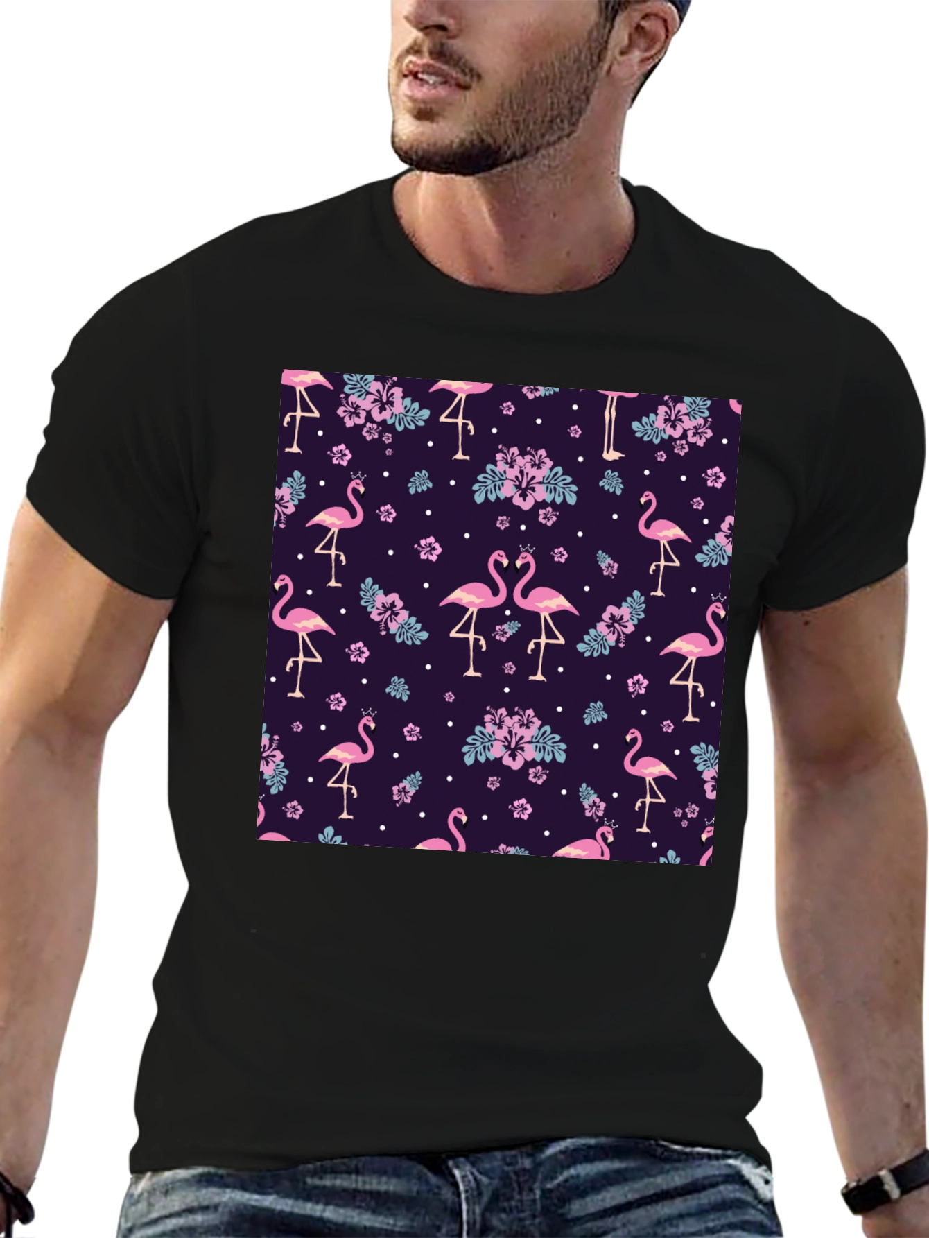 Flamingo Floral Print Black T-Shirt