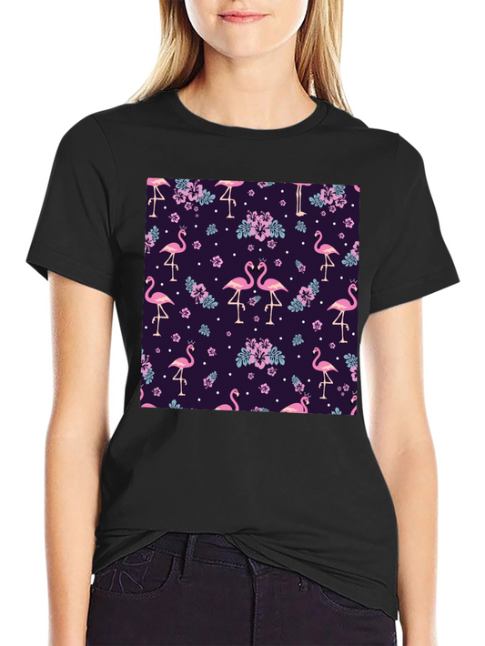 Flamingo Floral Print Black T-Shirt