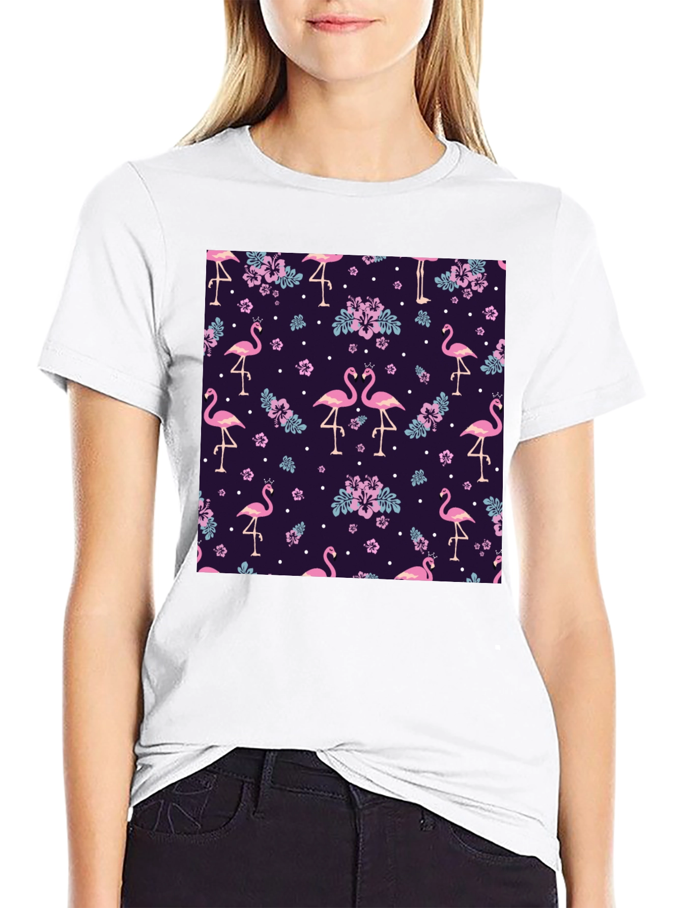 Flamingo Floral Print Black T-Shirt