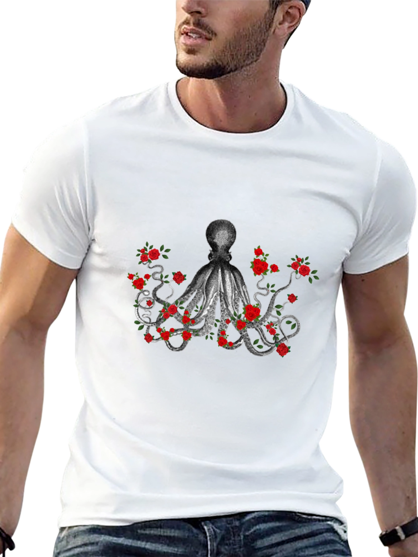Octopus and Roses Graphic Tee - Black
