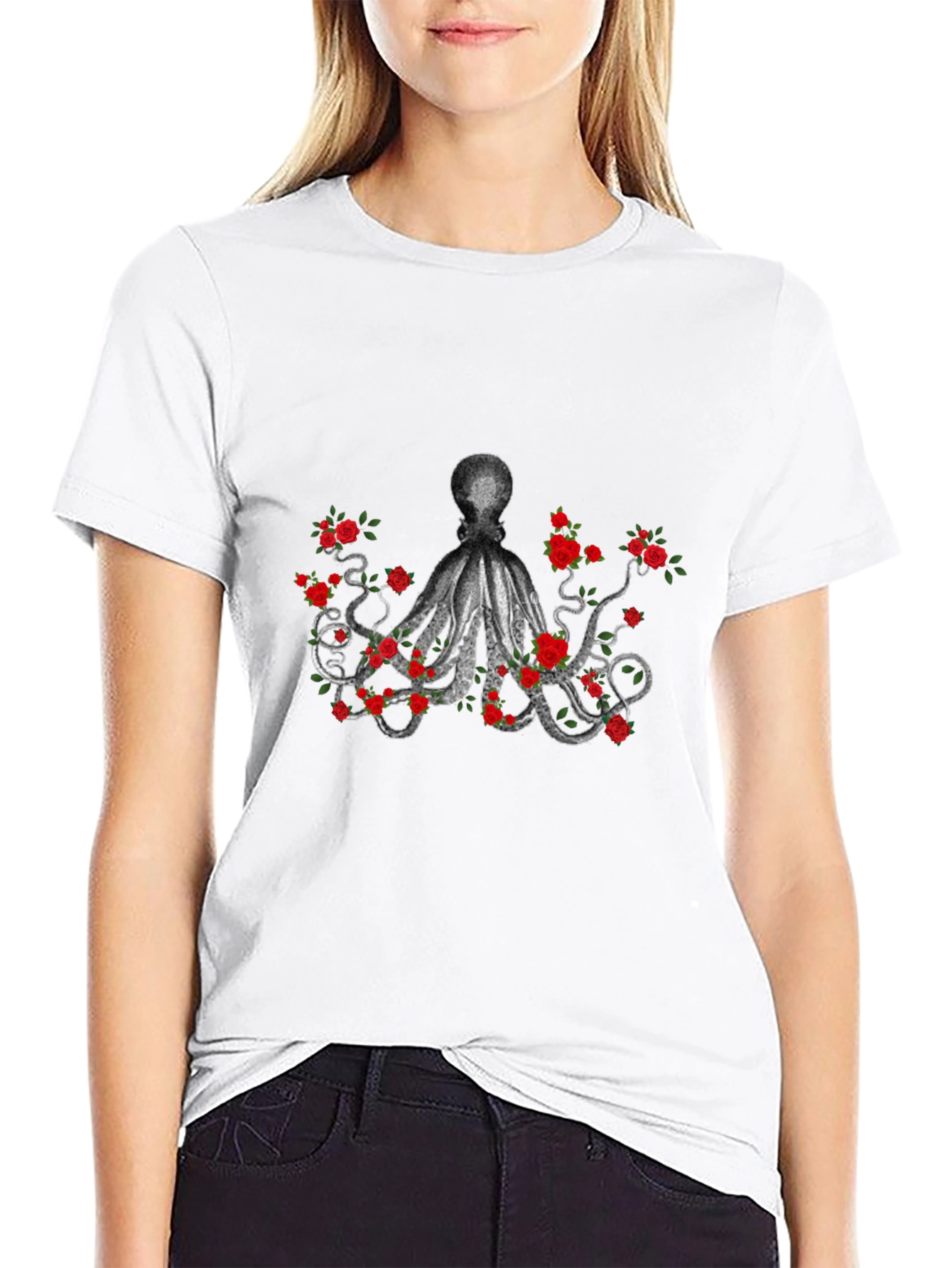 Octopus and Roses Graphic Tee - Black
