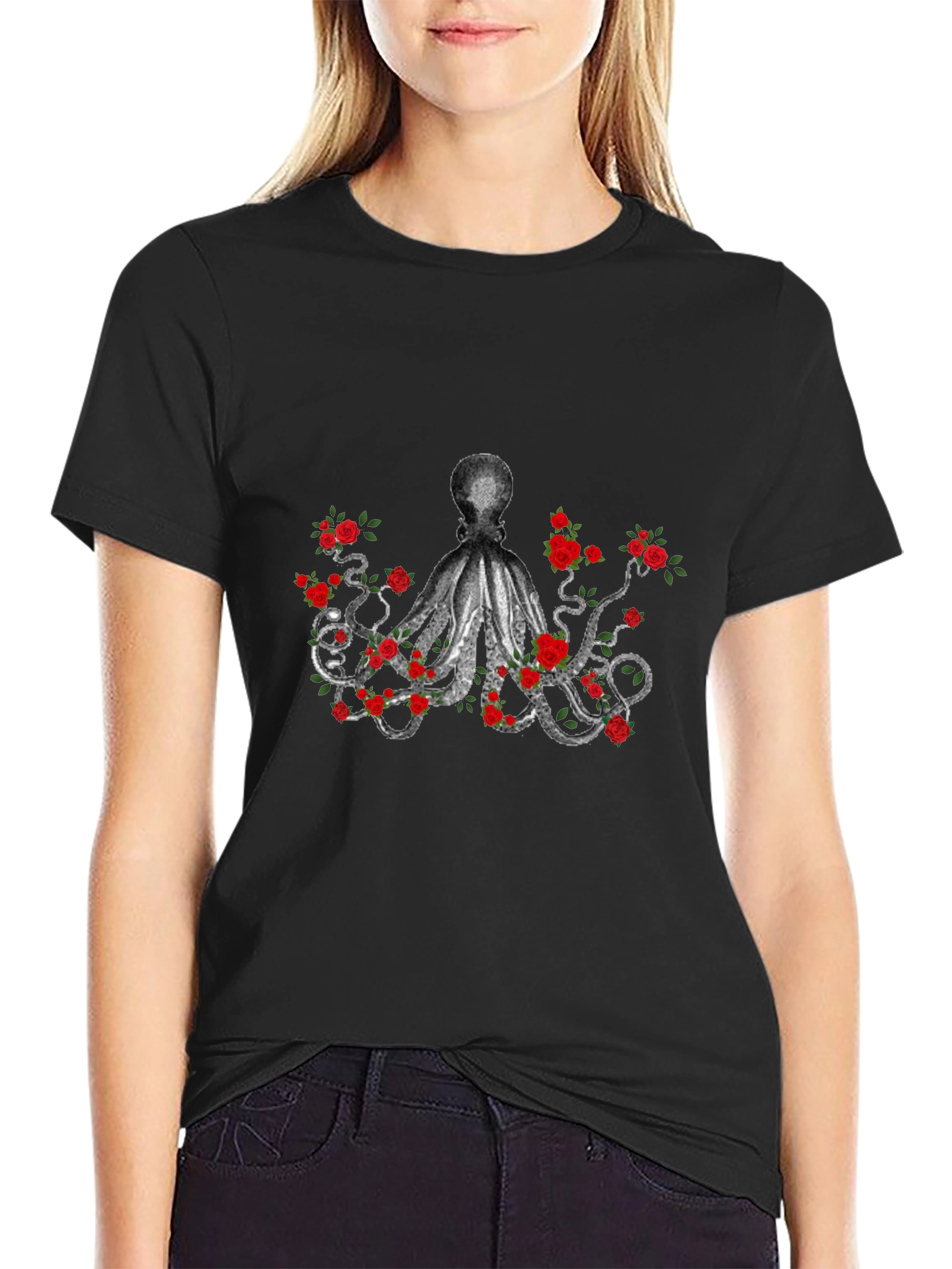 Octopus and Roses Graphic Tee - Black