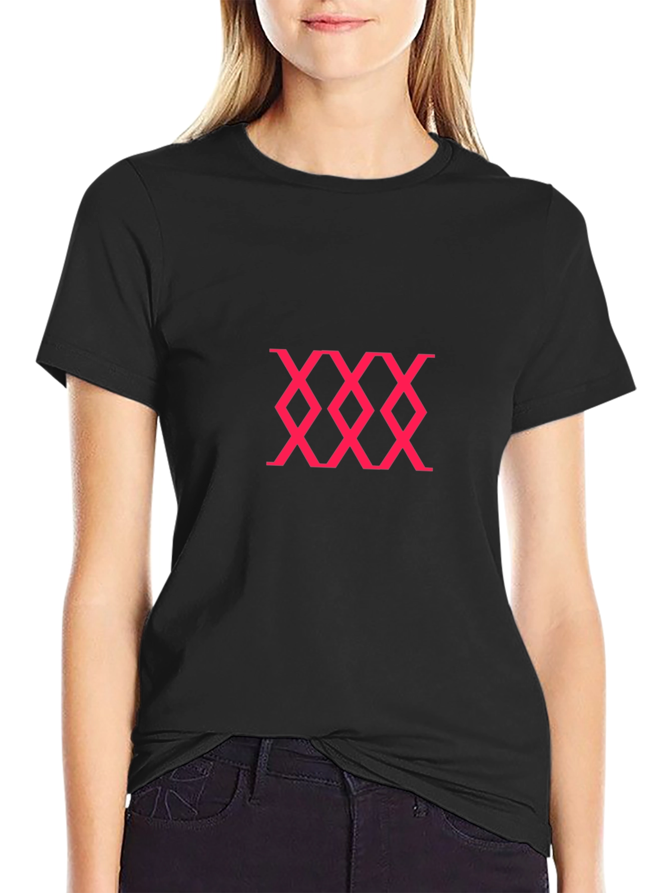 Black Tee with Pink Abstract Diamond Pattern