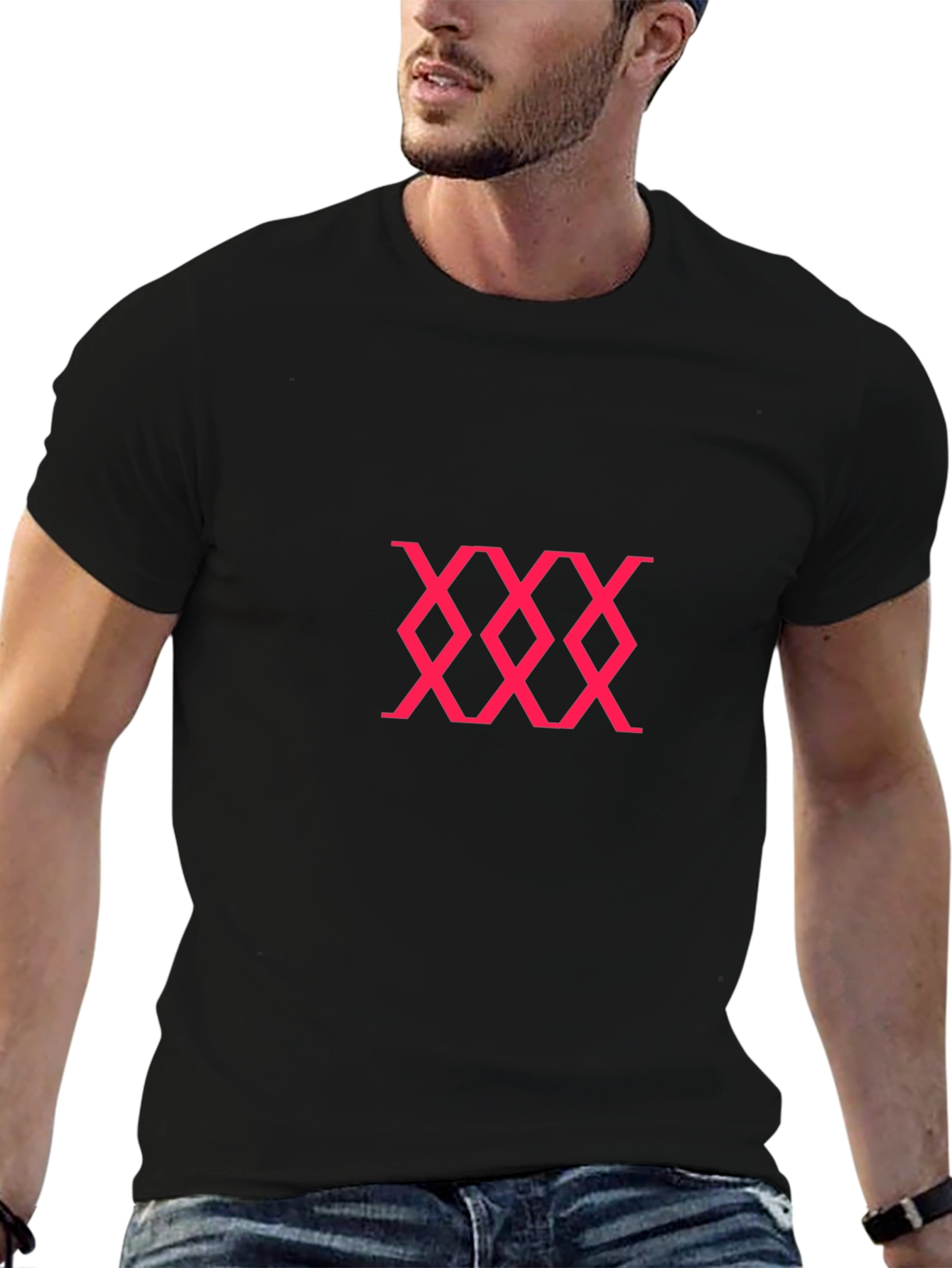 Black Tee with Pink Abstract Diamond Pattern