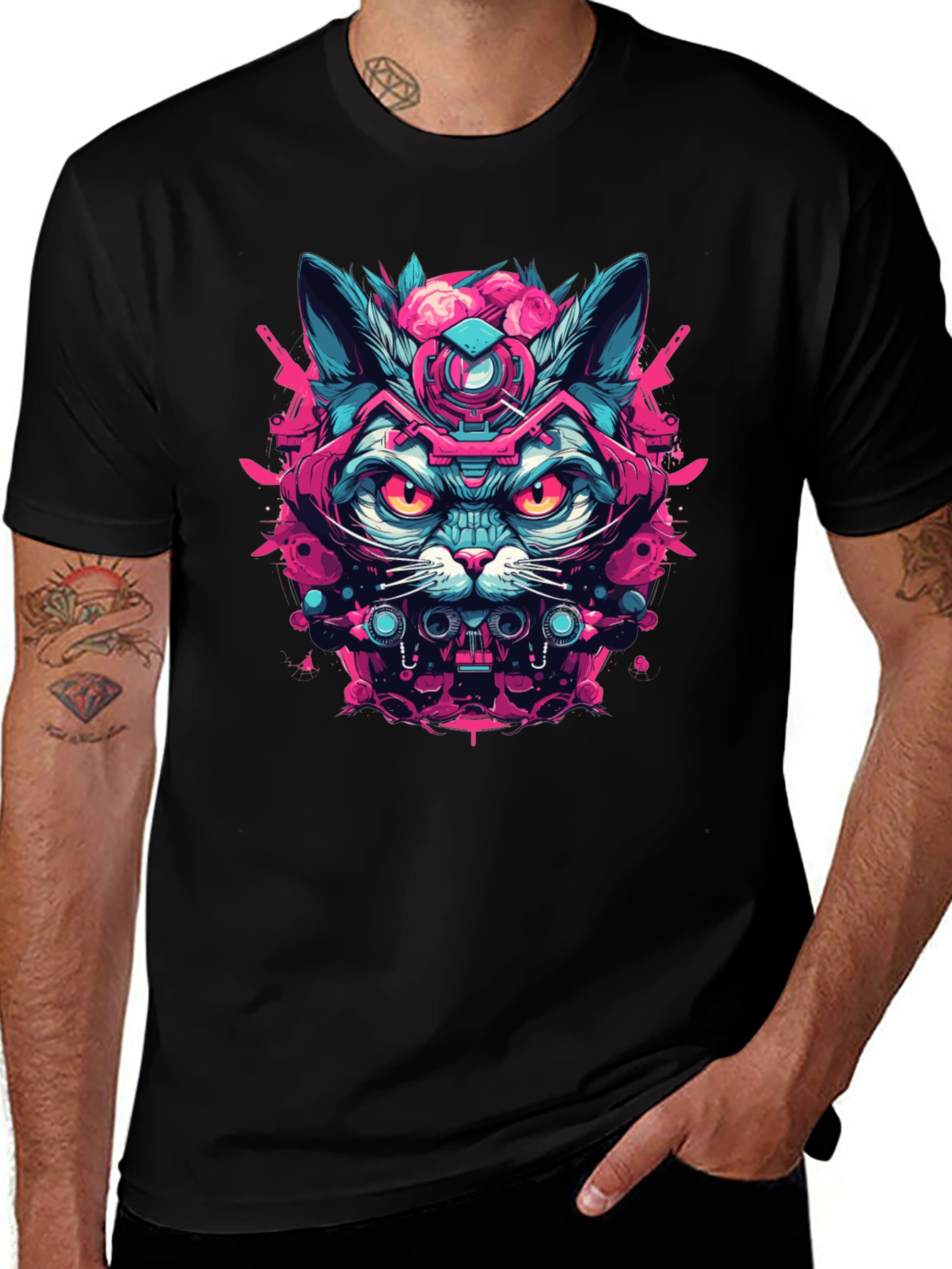 Cyberpunk Cat Graphic Tee - Black Cotton T-Shirt