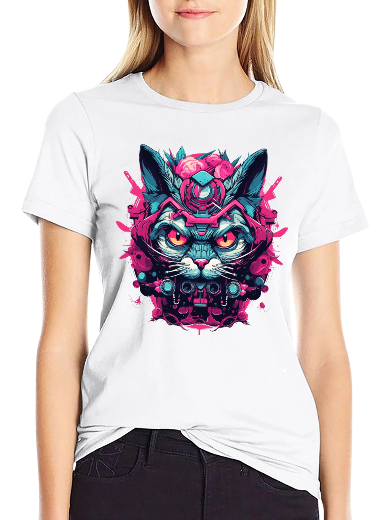 Cyberpunk Cat Graphic Tee - Black Cotton T-Shirt