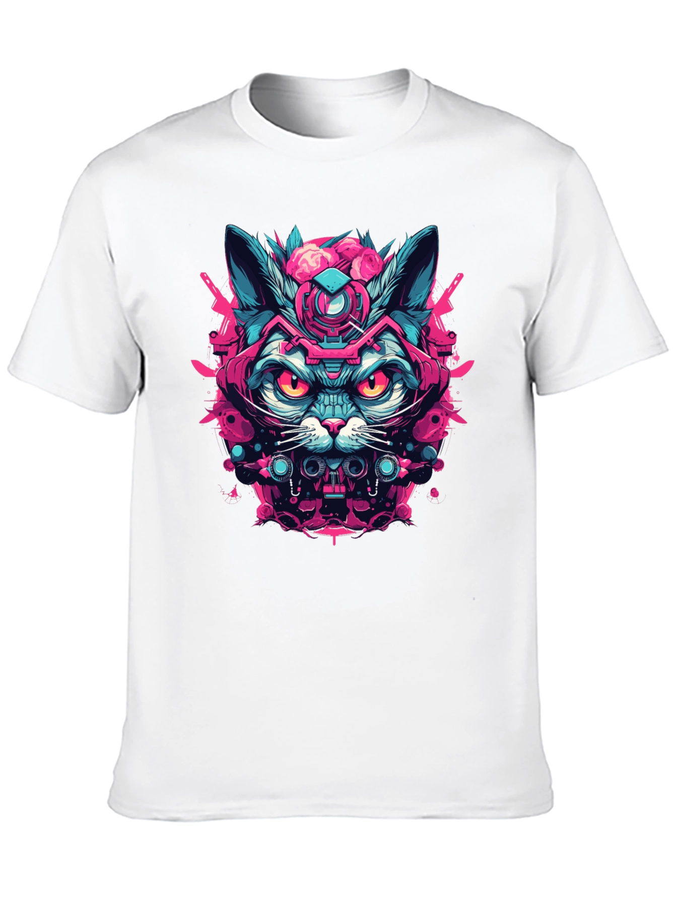 Cyberpunk Cat Graphic Tee - Black Cotton T-Shirt