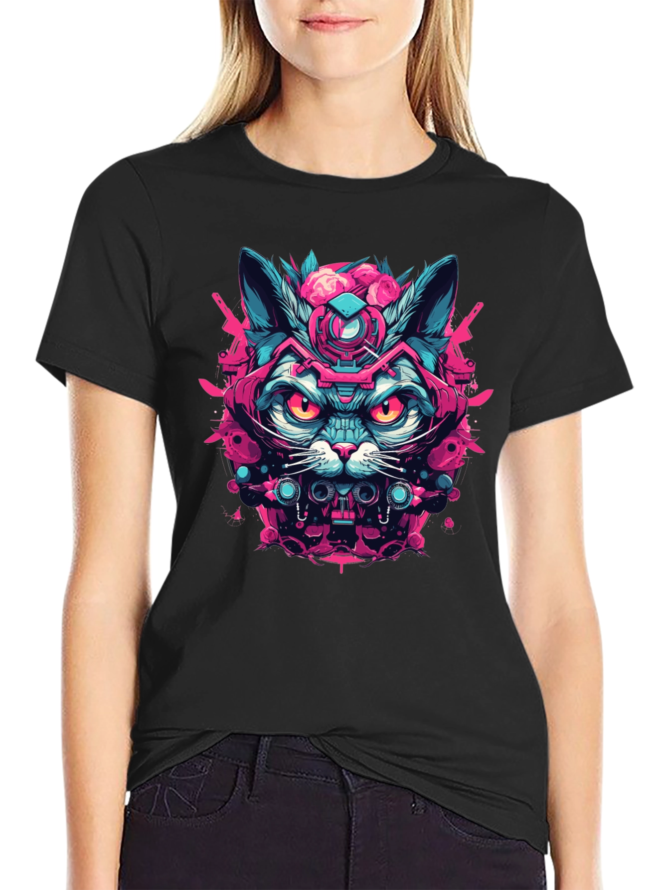 Cyberpunk Cat Graphic Tee - Black Cotton T-Shirt