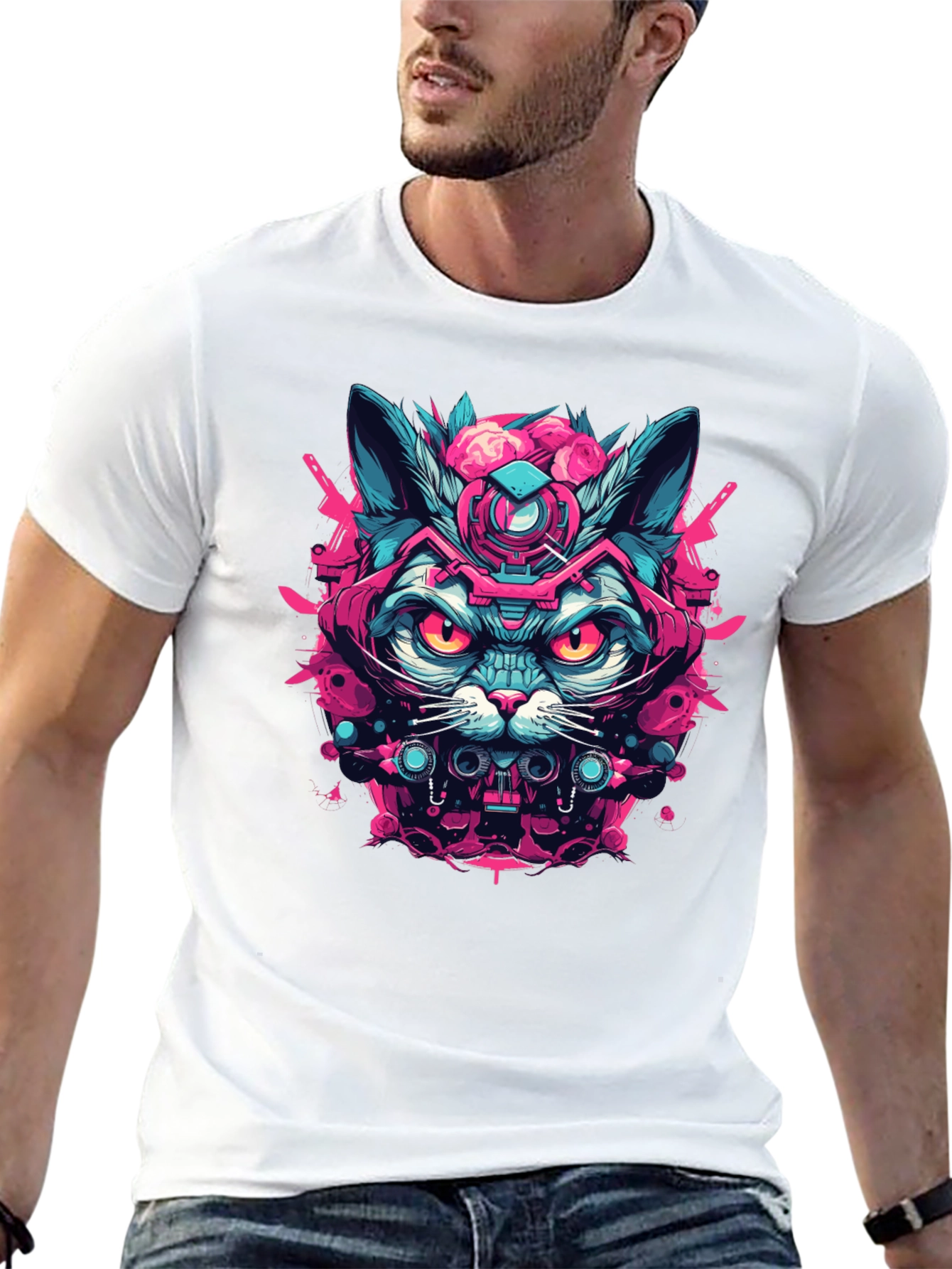 Cyberpunk Cat Graphic Tee - Black Cotton T-Shirt
