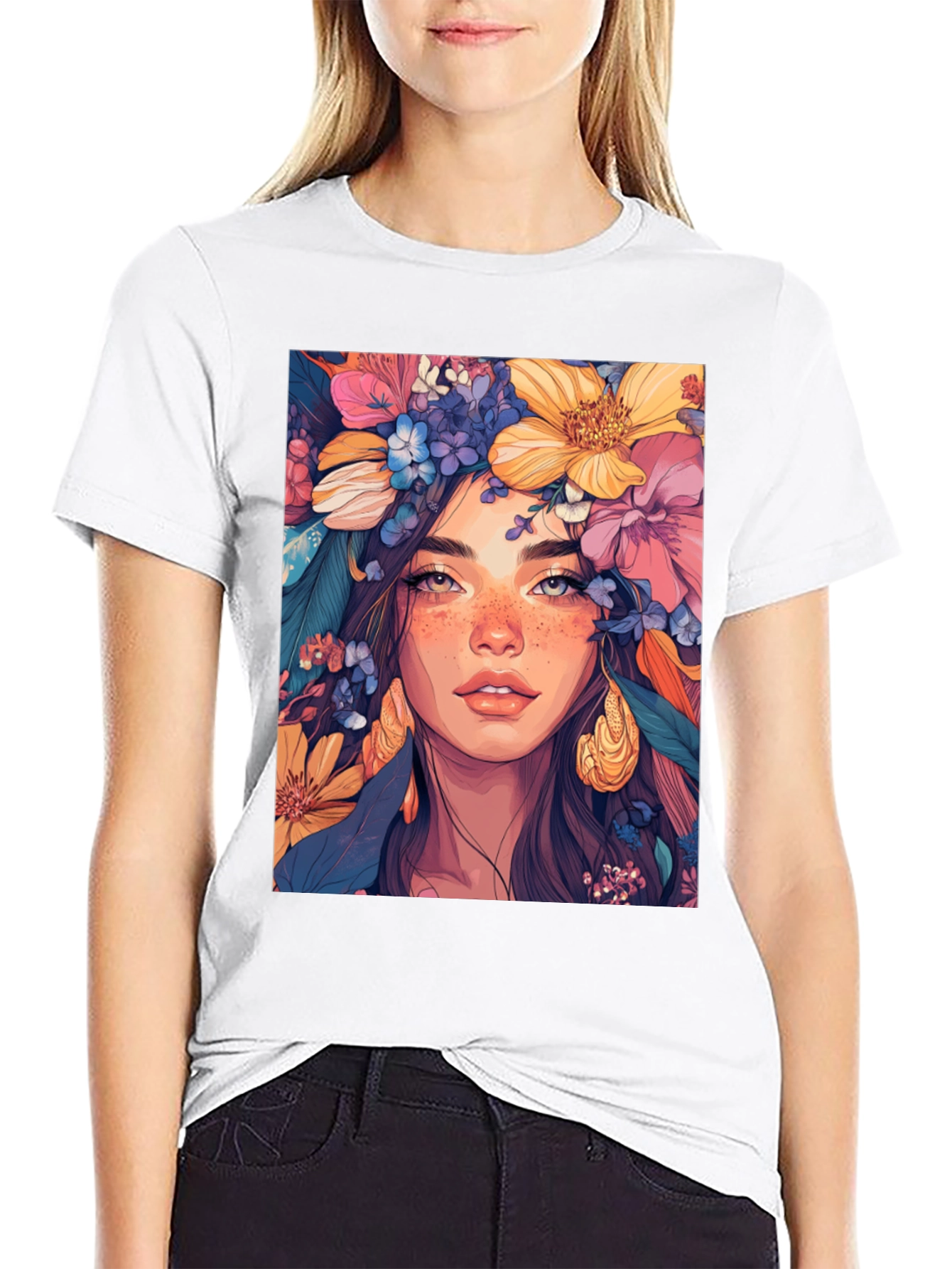 Floral Goddess Graphic Tee - Artistic Womens T-Shirt