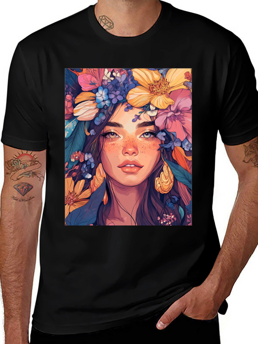 Floral Goddess Graphic Tee - Artistic Womens T-Shirt