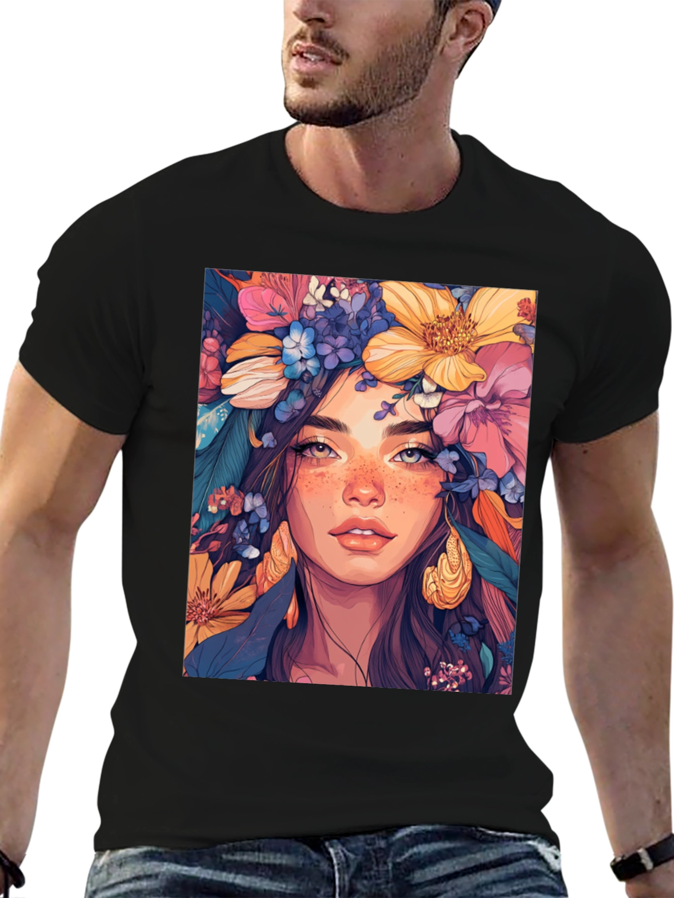 Floral Goddess Graphic Tee - Artistic Womens T-Shirt