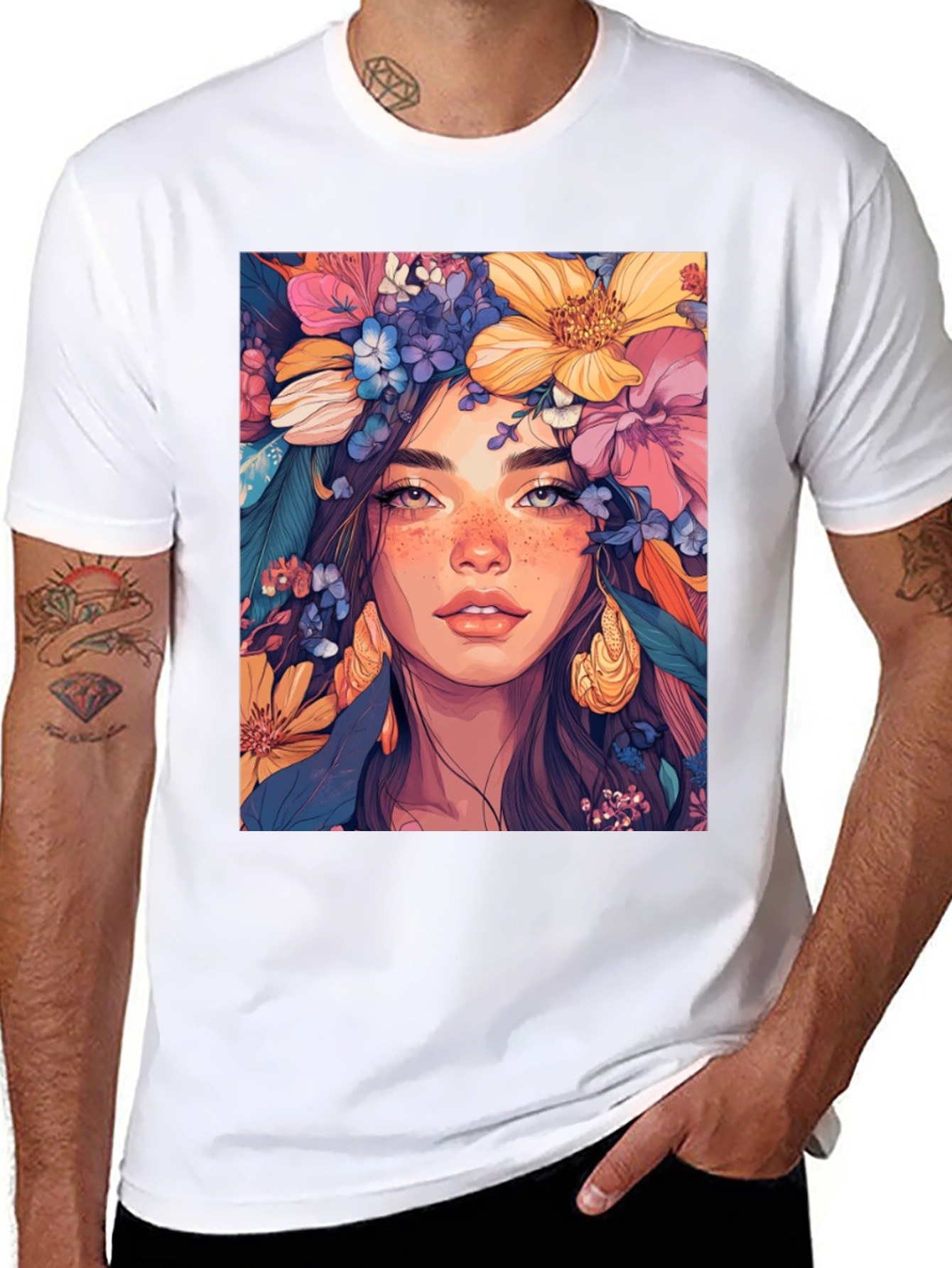 Floral Goddess Graphic Tee - Artistic Womens T-Shirt