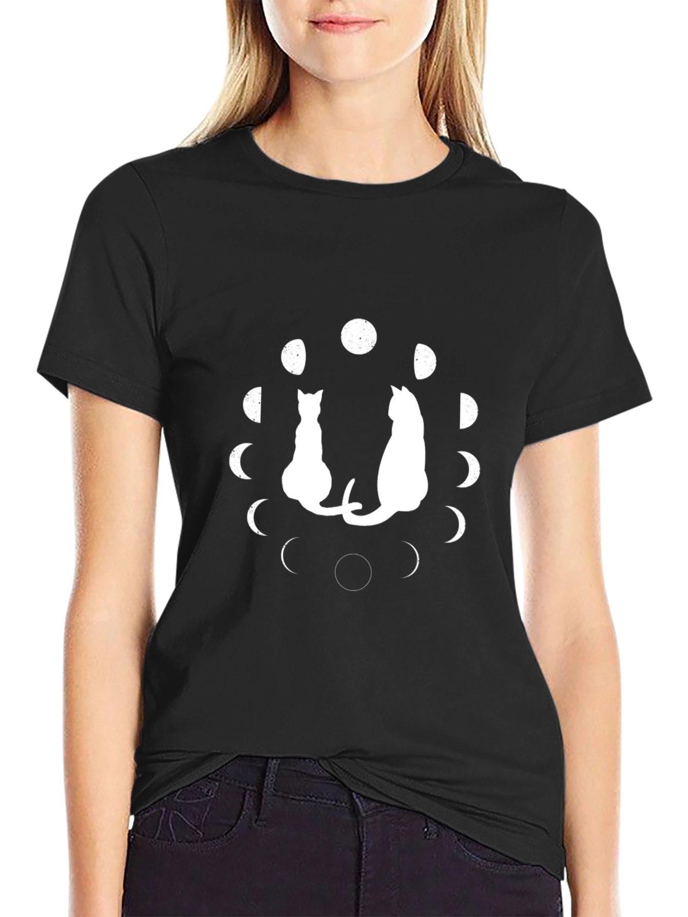 Cat Moon Phases Graphic Tee - Black
