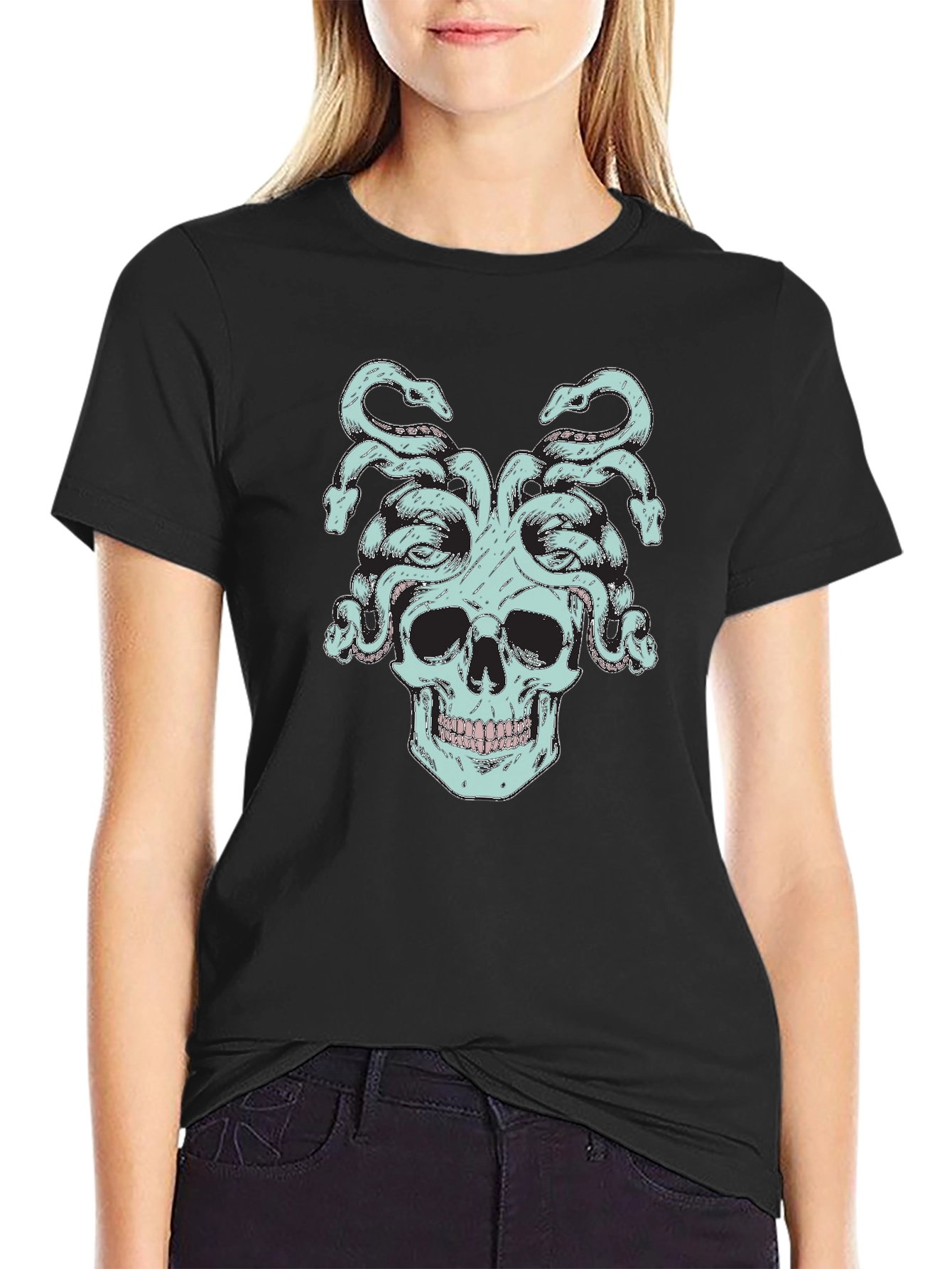Medusa Skull Graphic Tee - Black Cotton