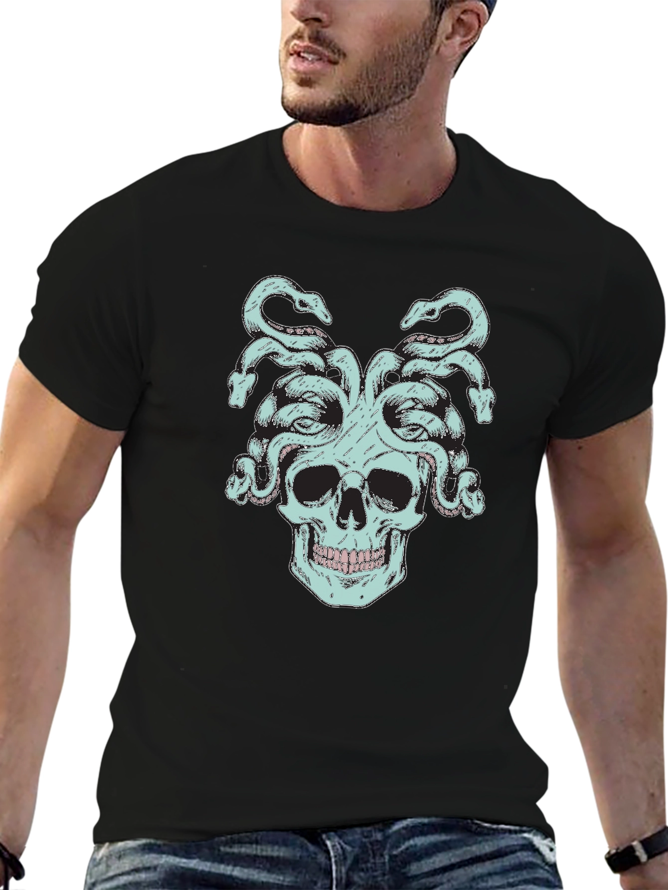 Medusa Skull Graphic Tee - Black Cotton