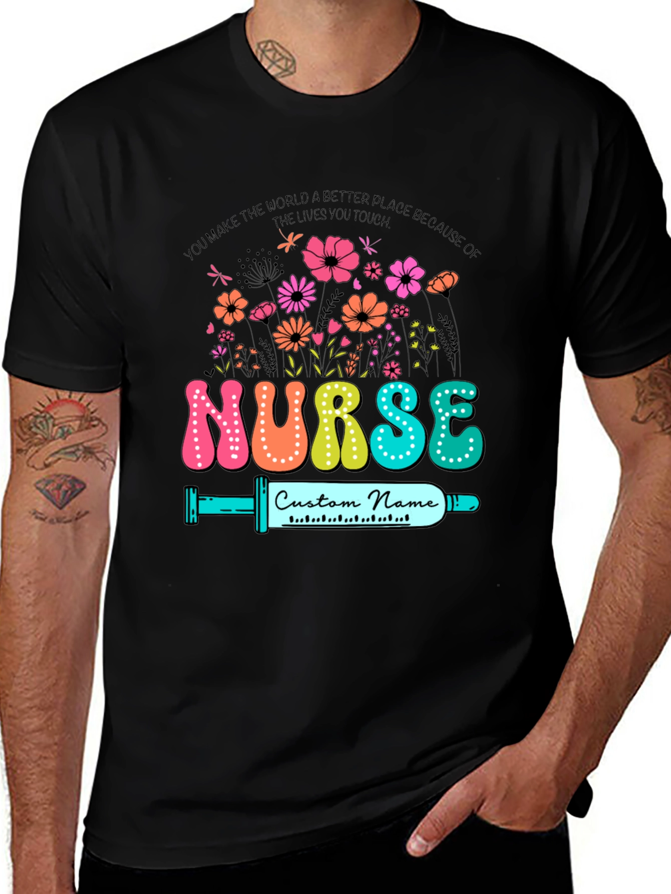 Nurse Custom Name T-Shirt - Floral Design