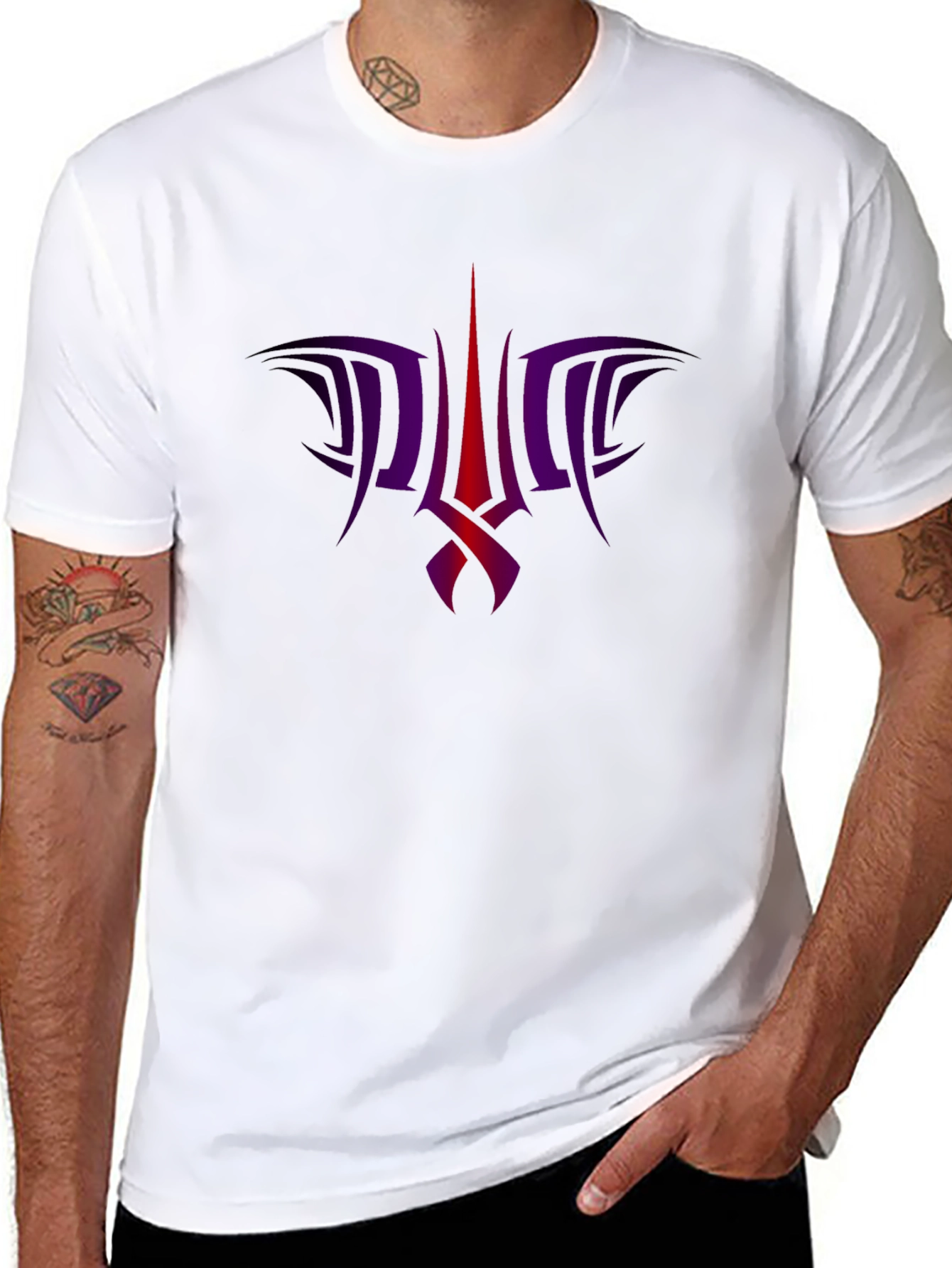 Black Tee with Abstract Purple & Red Graphic