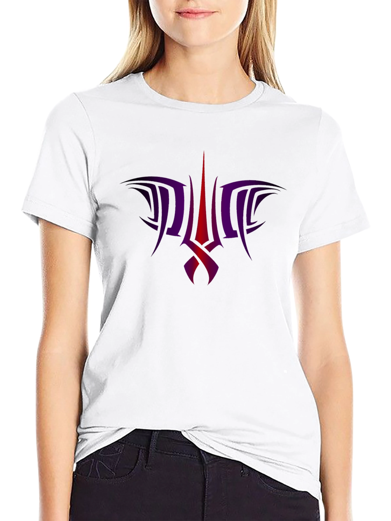 Black Tee with Abstract Purple & Red Graphic