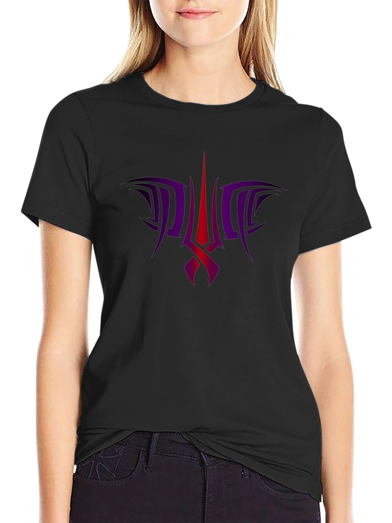 Black Tee with Abstract Purple & Red Graphic