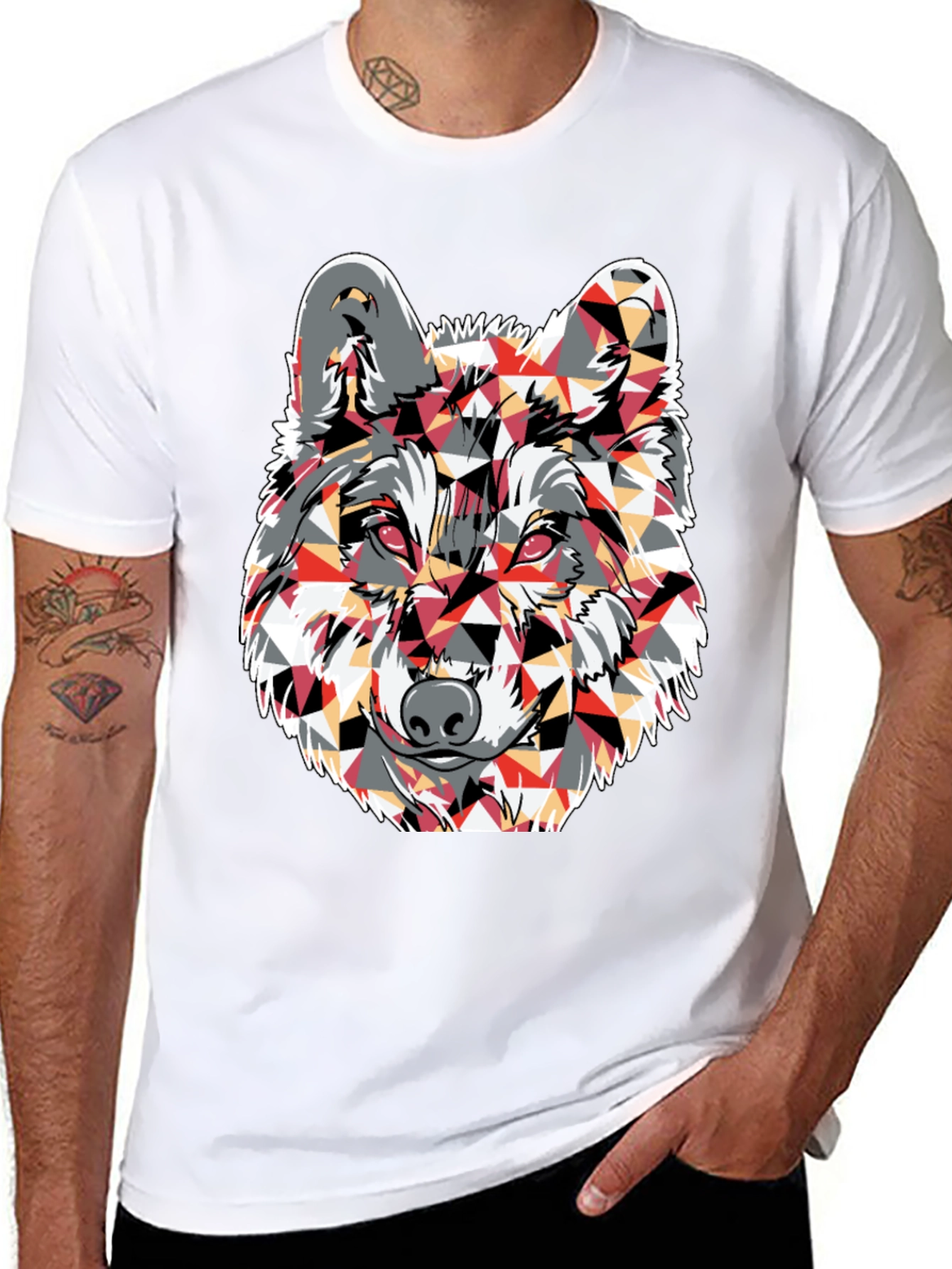 Geometric Wolf Graphic Print Black T-Shirt