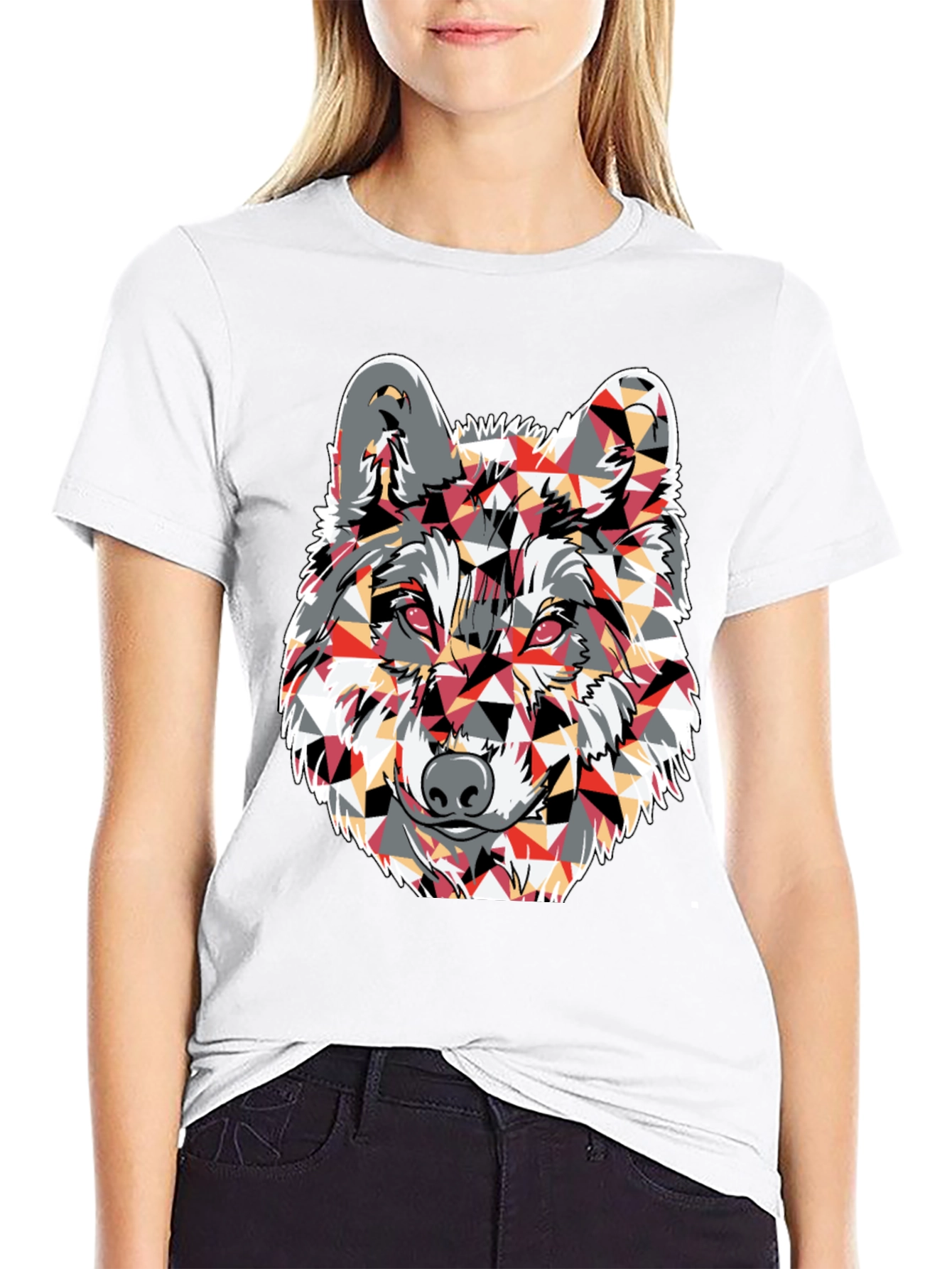 Geometric Wolf Graphic Print Black T-Shirt