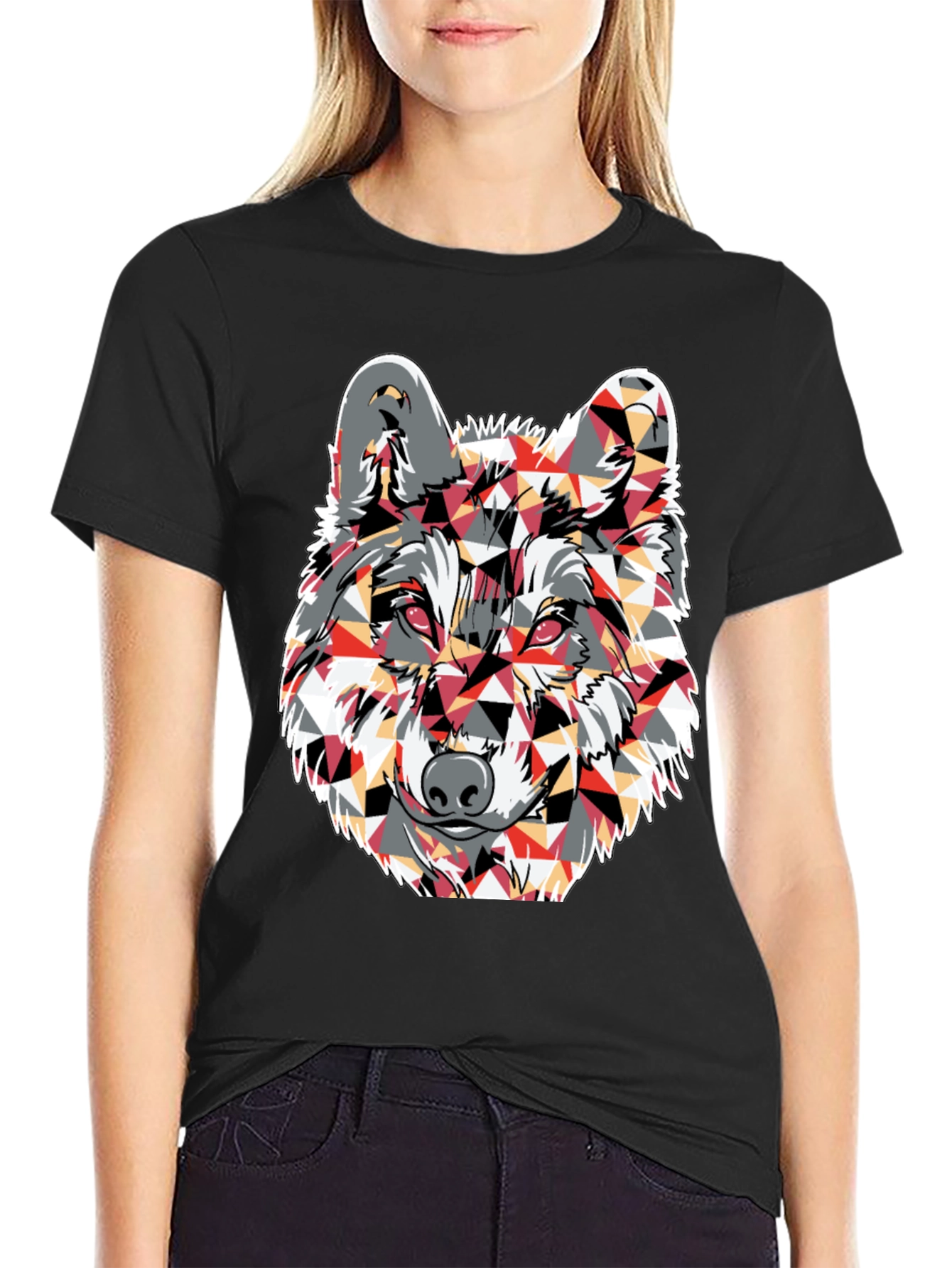 Geometric Wolf Graphic Print Black T-Shirt