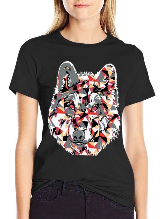 Geometric Wolf Graphic Print Black T-Shirt