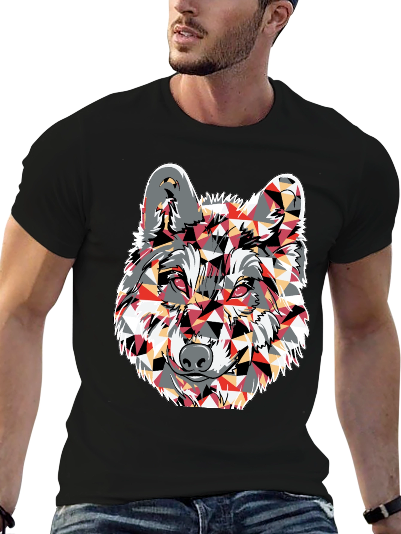 Geometric Wolf Graphic Print Black T-Shirt