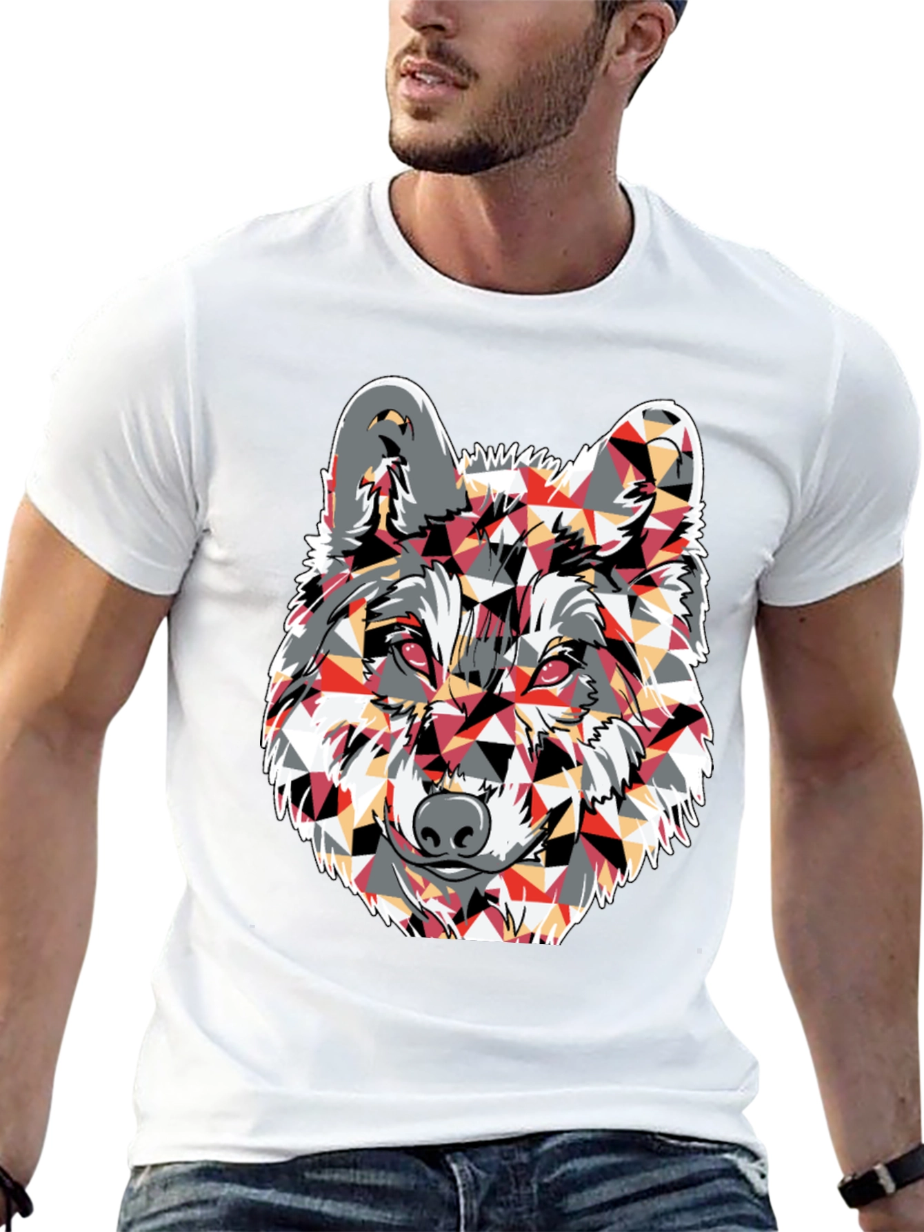 Geometric Wolf Graphic Print Black T-Shirt