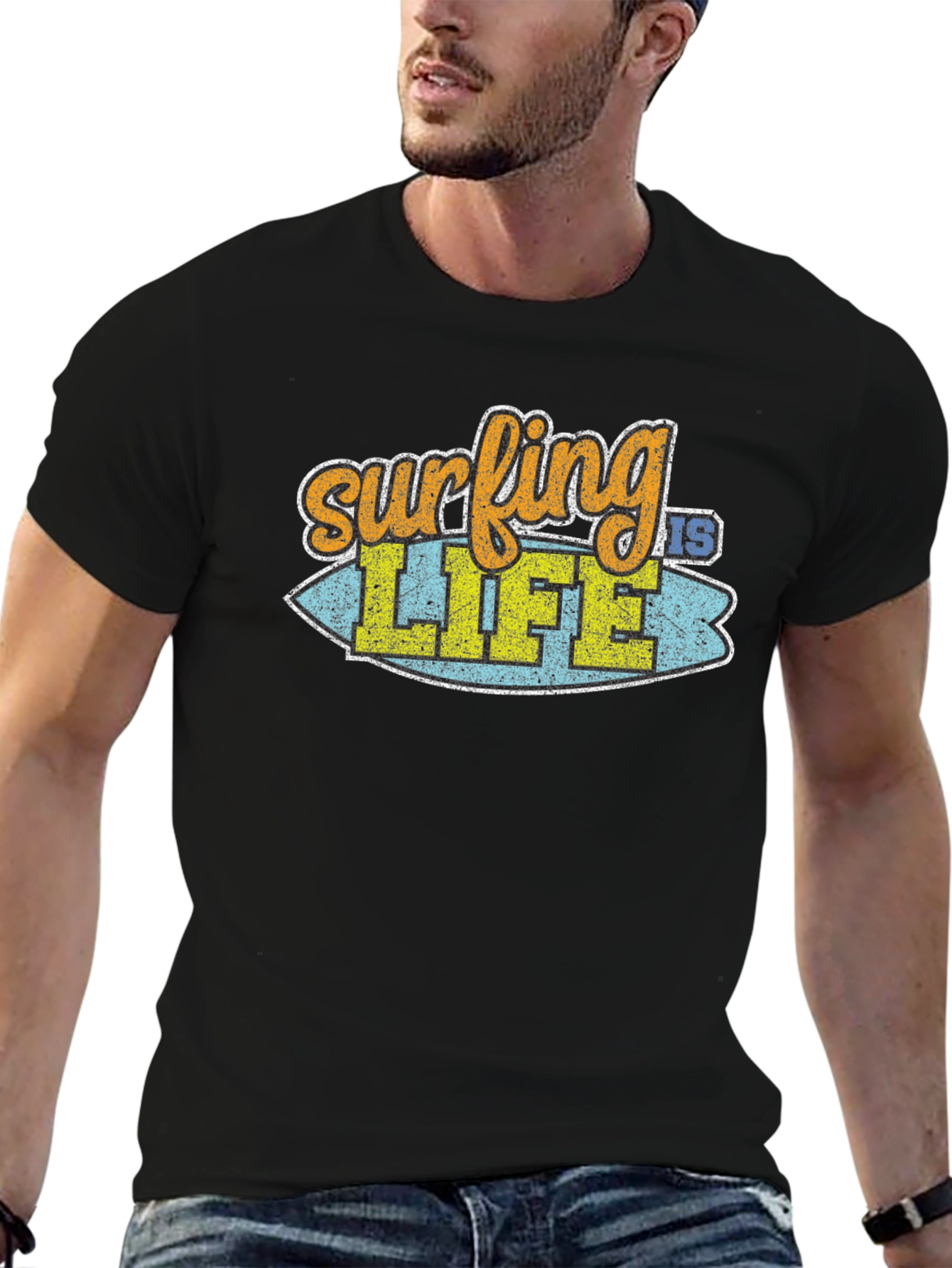 Surfing is Life Graphic Tee - Black Cotton T-Shirt