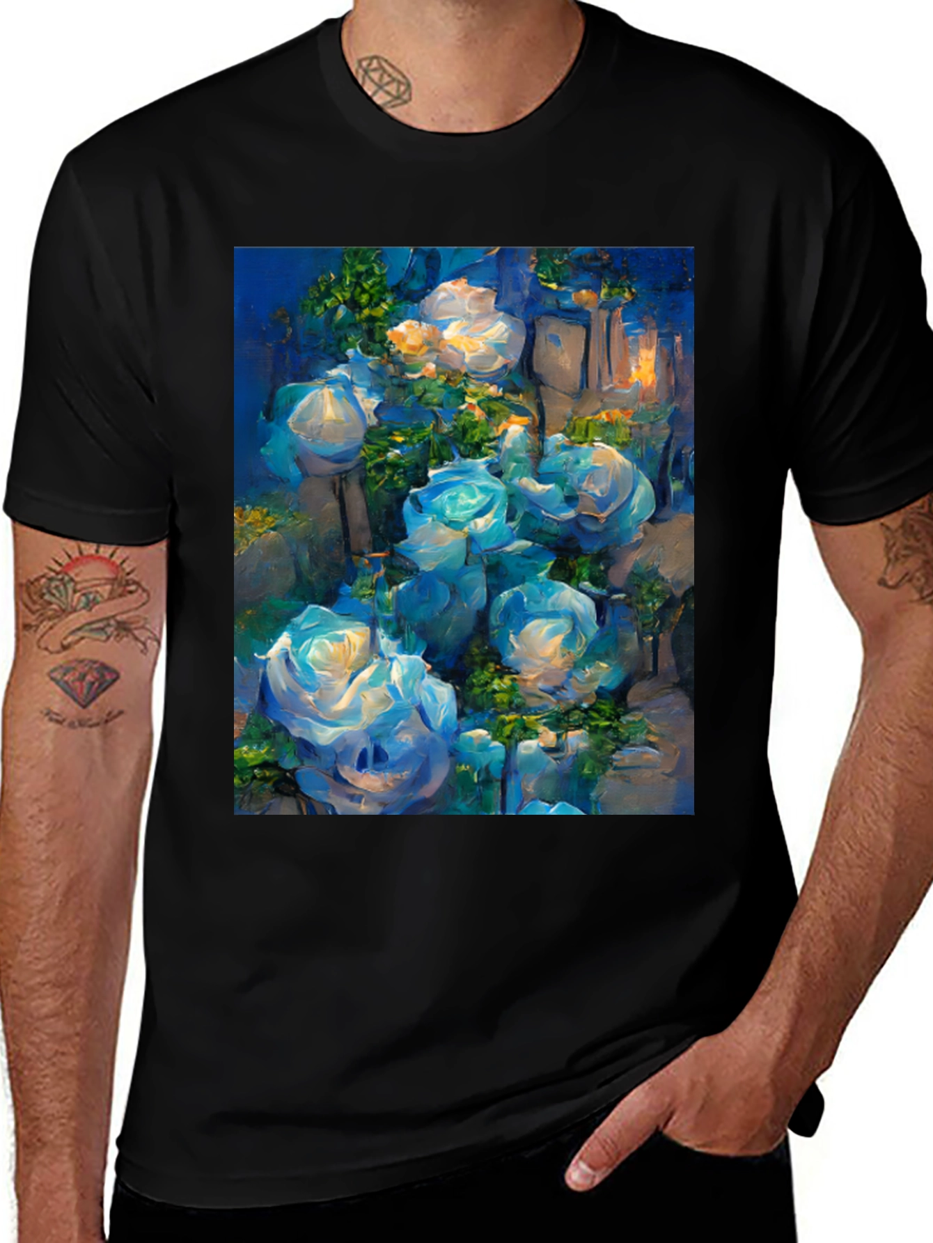 Blue Roses Graphic Tee - Artistic Floral Print
