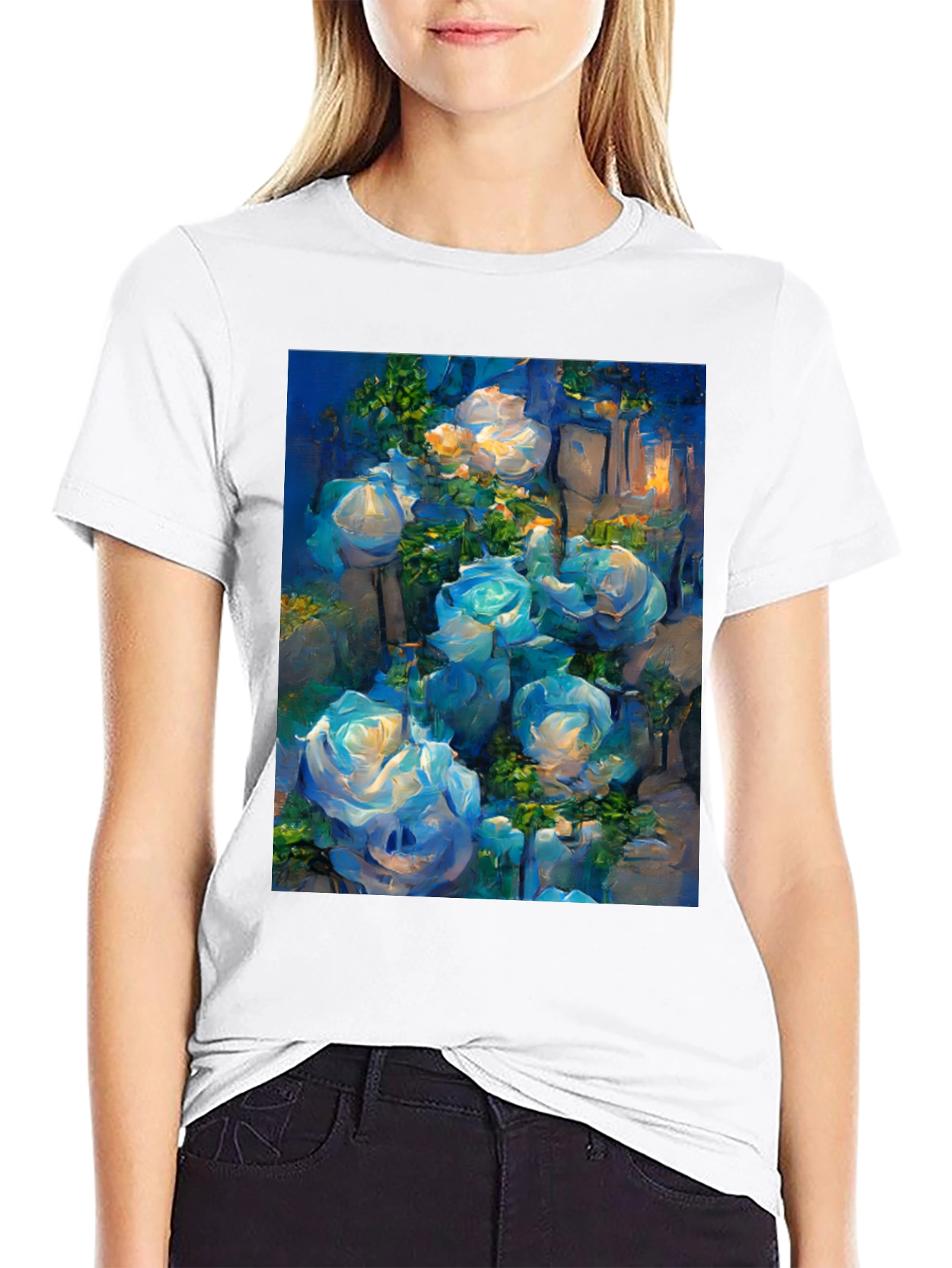 Blue Roses Graphic Tee - Artistic Floral Print