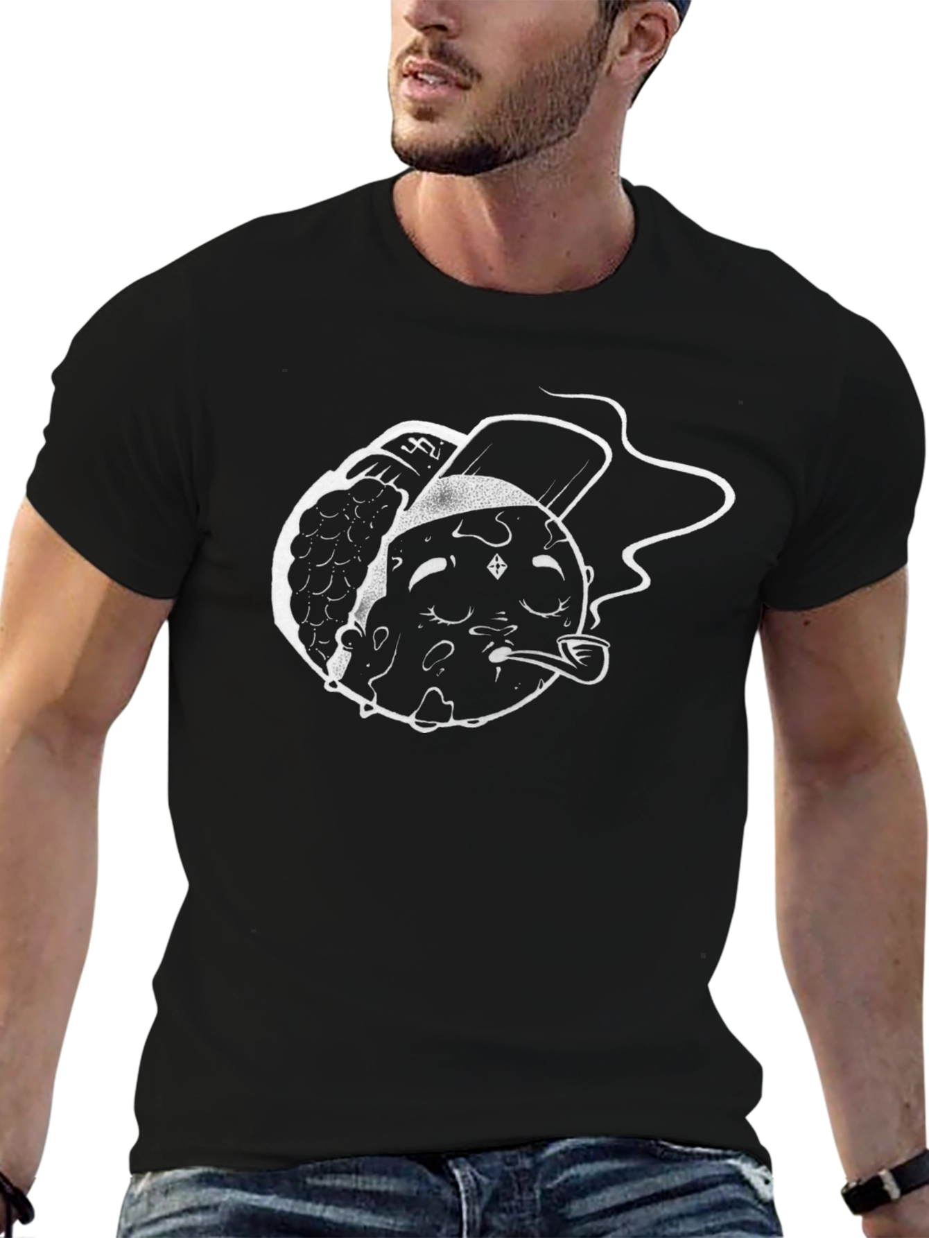 Smoking Moon Graphic T-Shirt - Black Cotton Tee