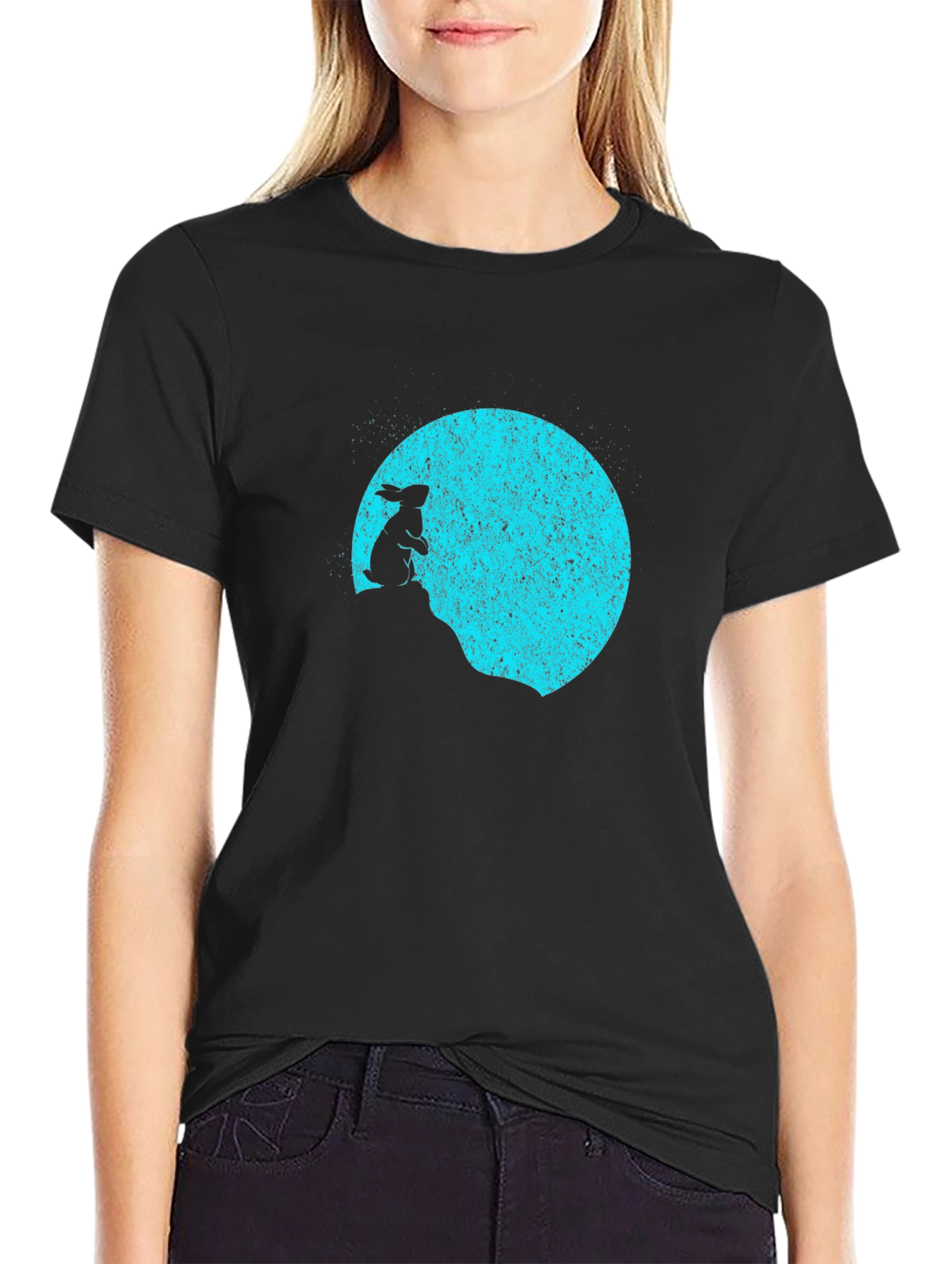 Moon Gazing Rabbit Black T-Shirt