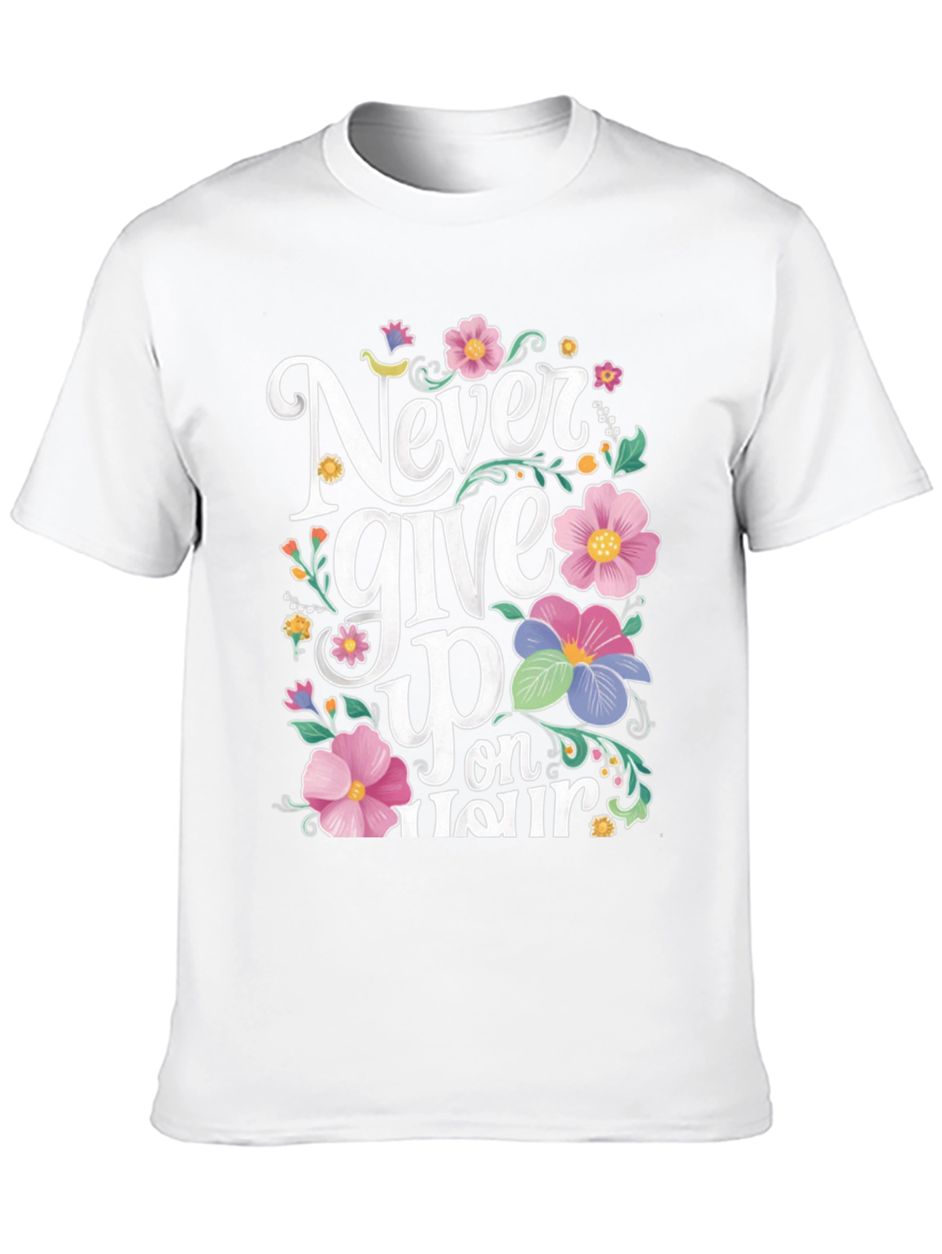 Never Give Up Floral Graphic Black T-Shirt
