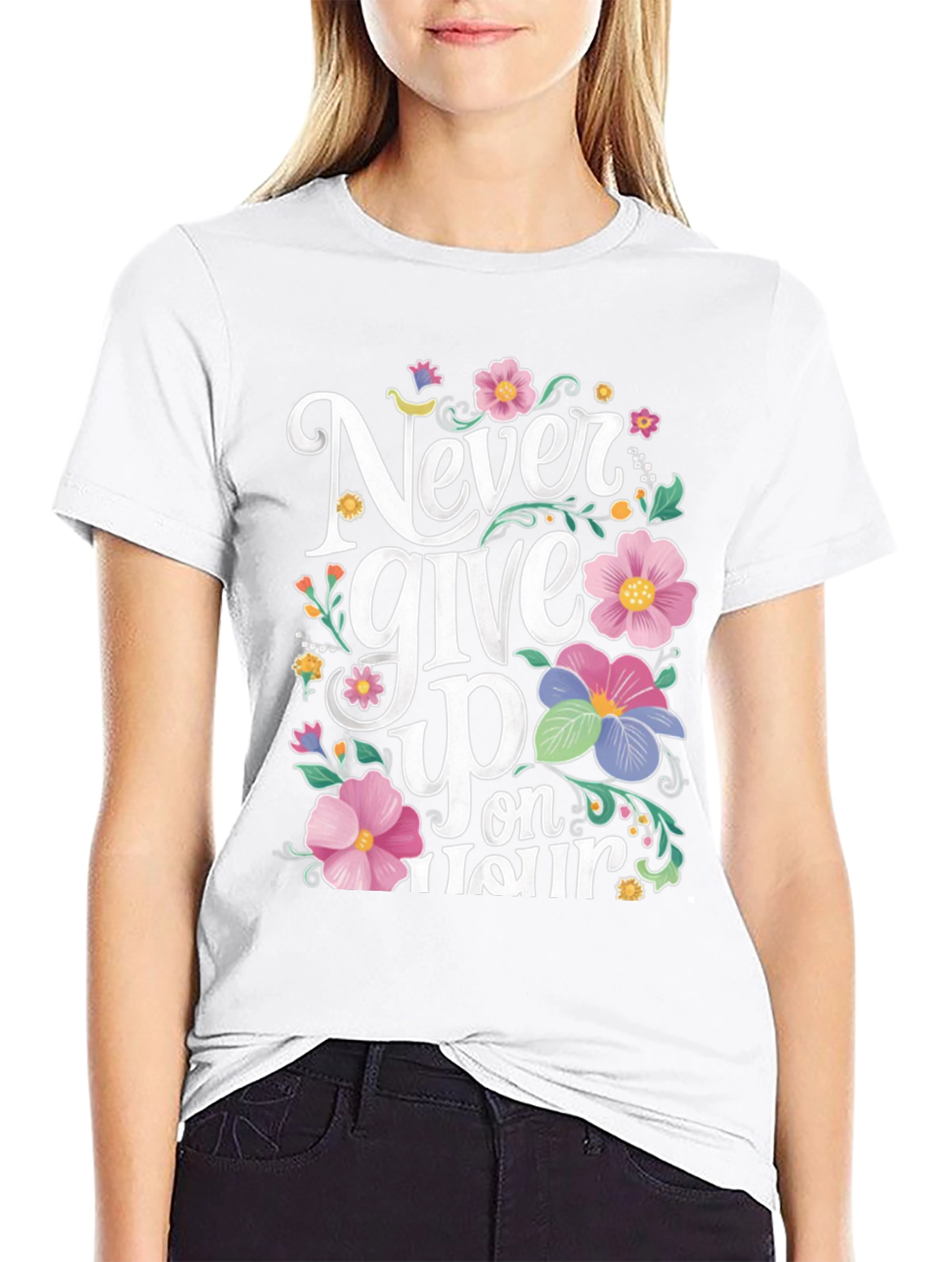 Never Give Up Floral Graphic Black T-Shirt