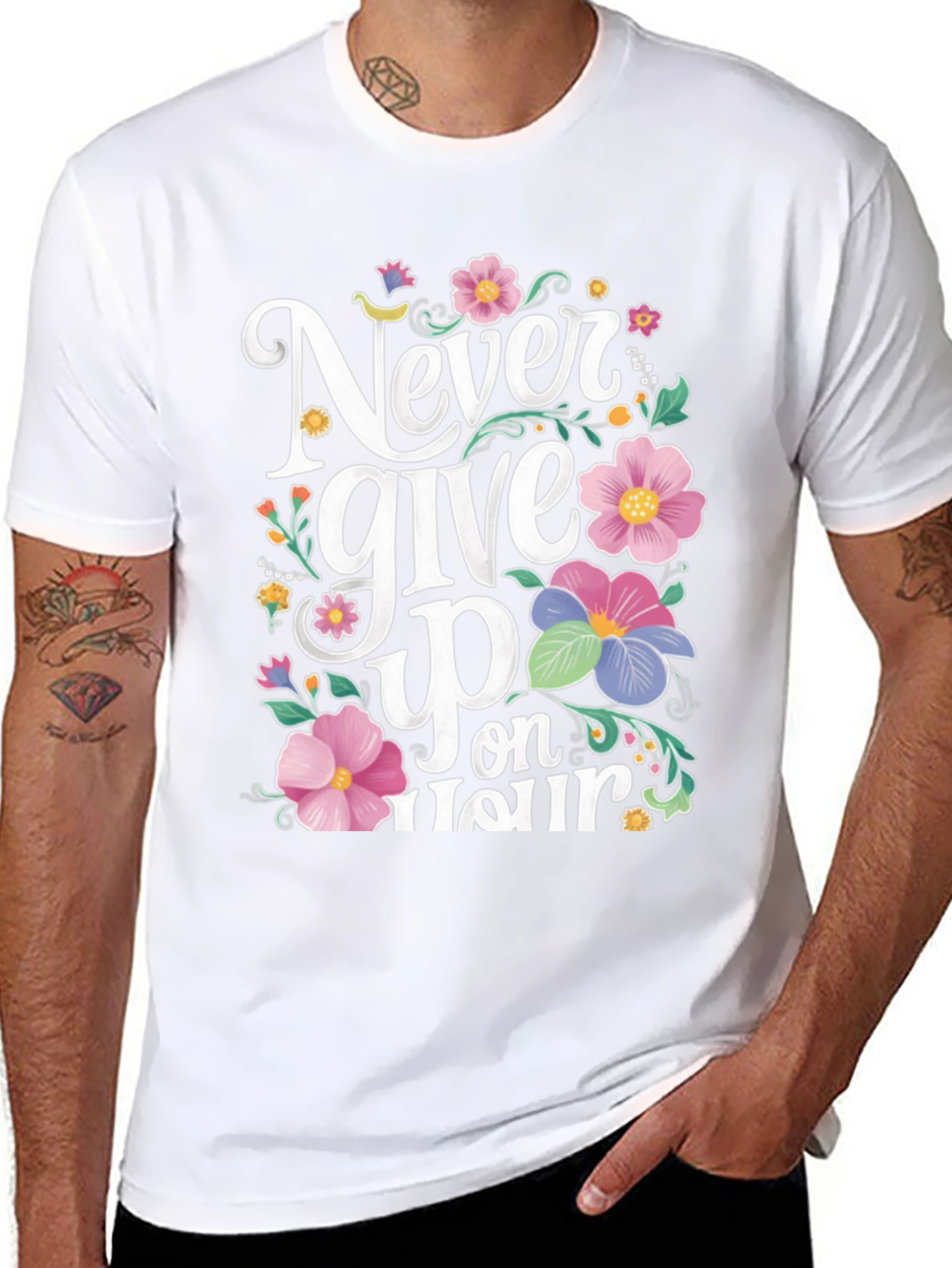 Never Give Up Floral Graphic Black T-Shirt