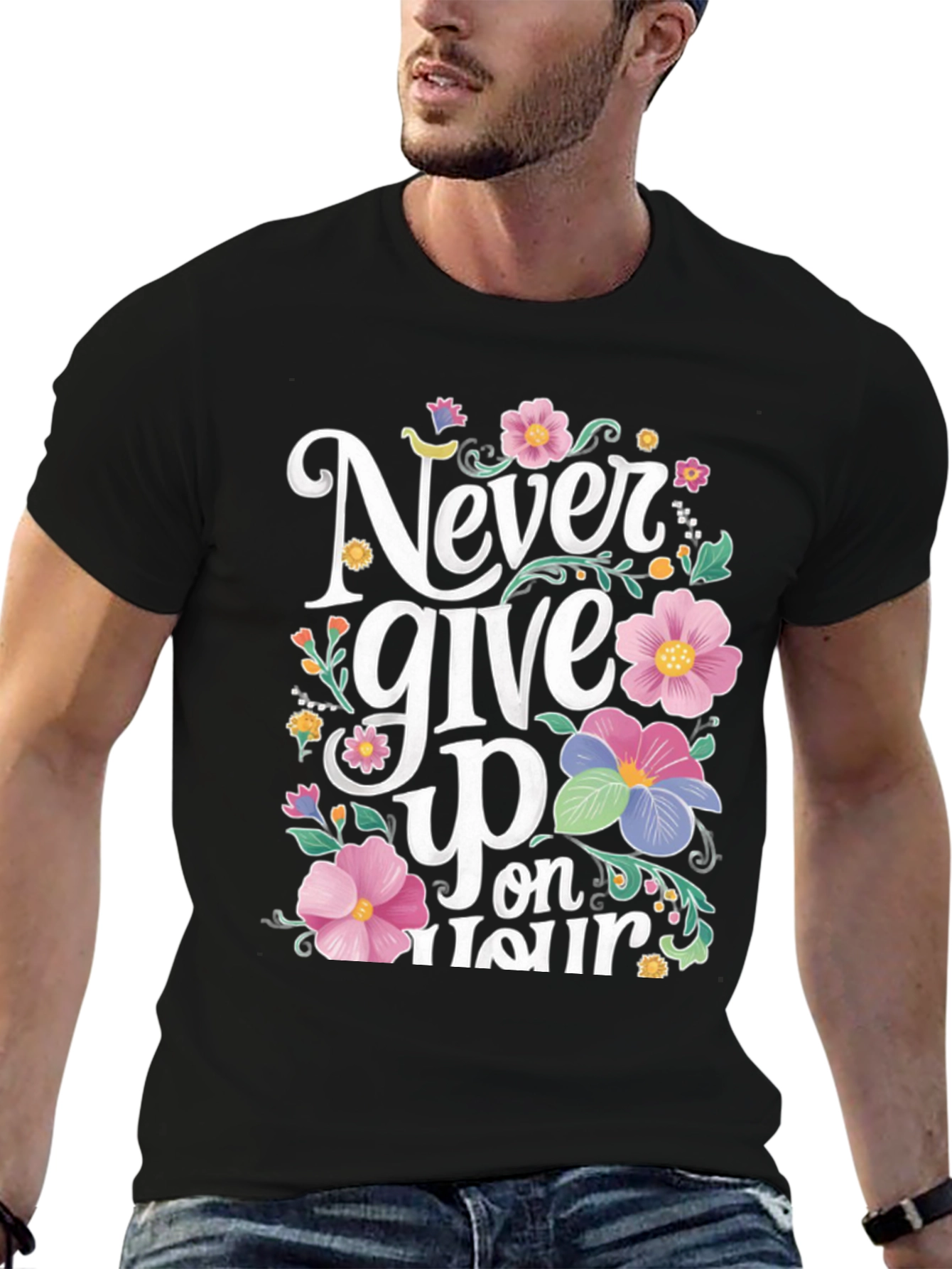 Never Give Up Floral Graphic Black T-Shirt