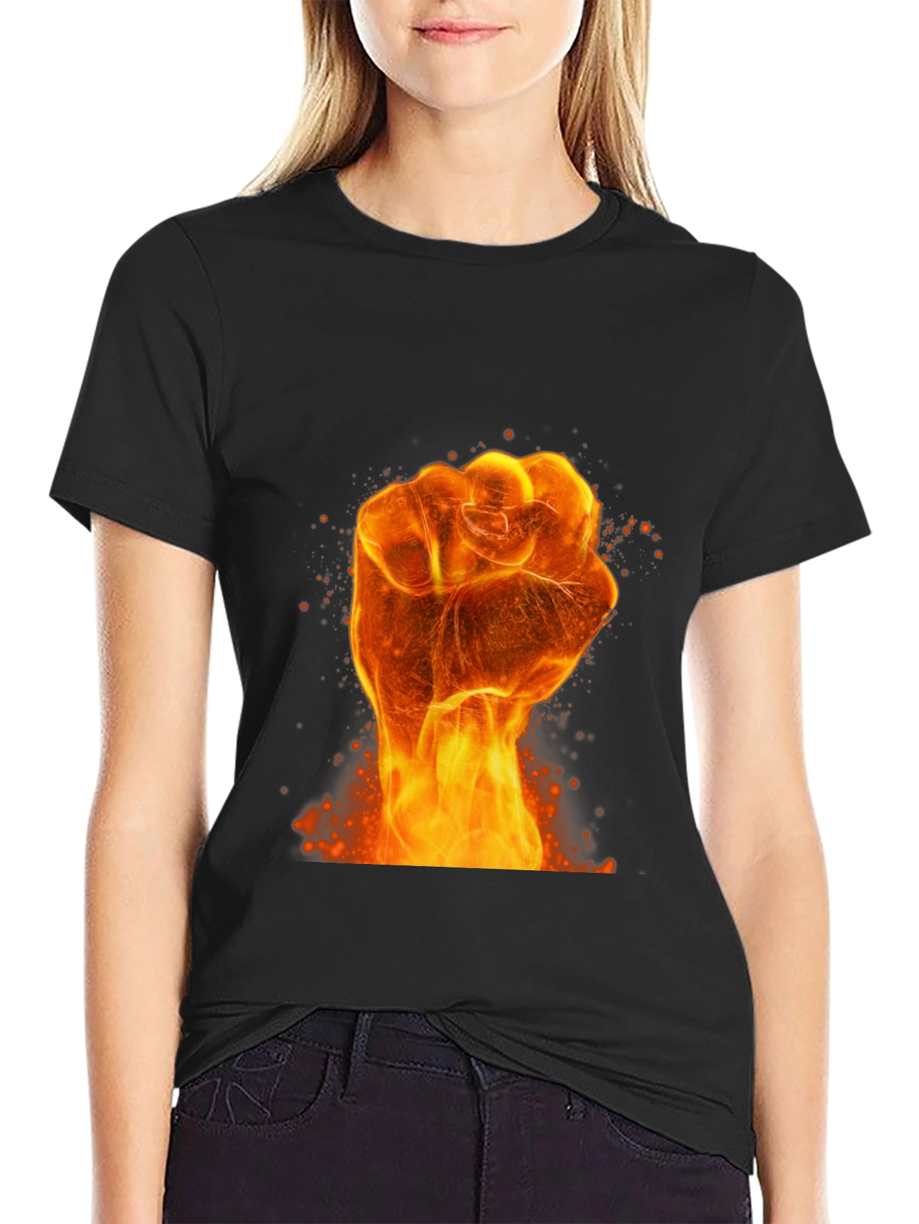 Fiery Fist Graphic Print Black T-Shirt