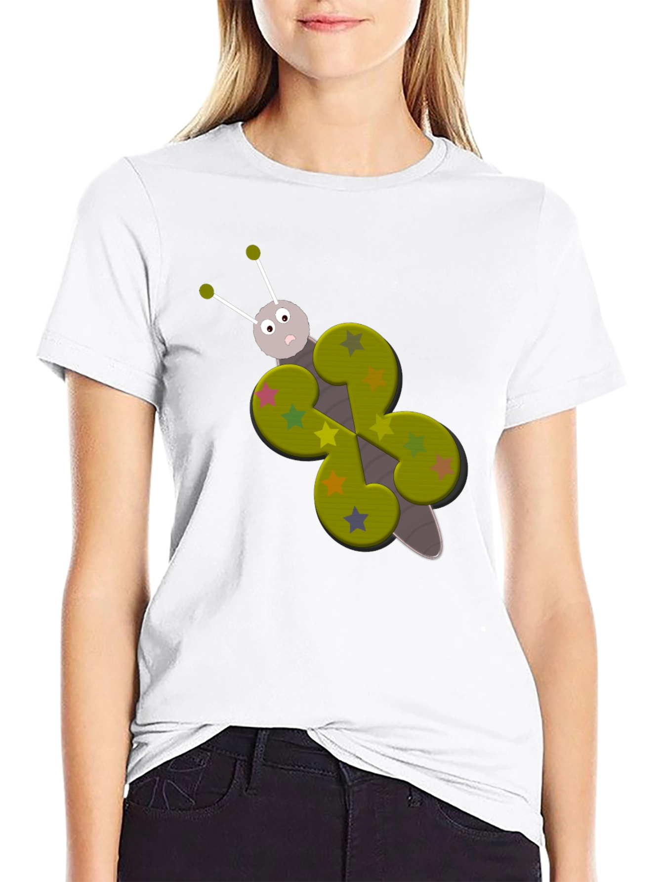 Butterfly Cartoon Graphic Tee - Whimsical Black T-Shirt