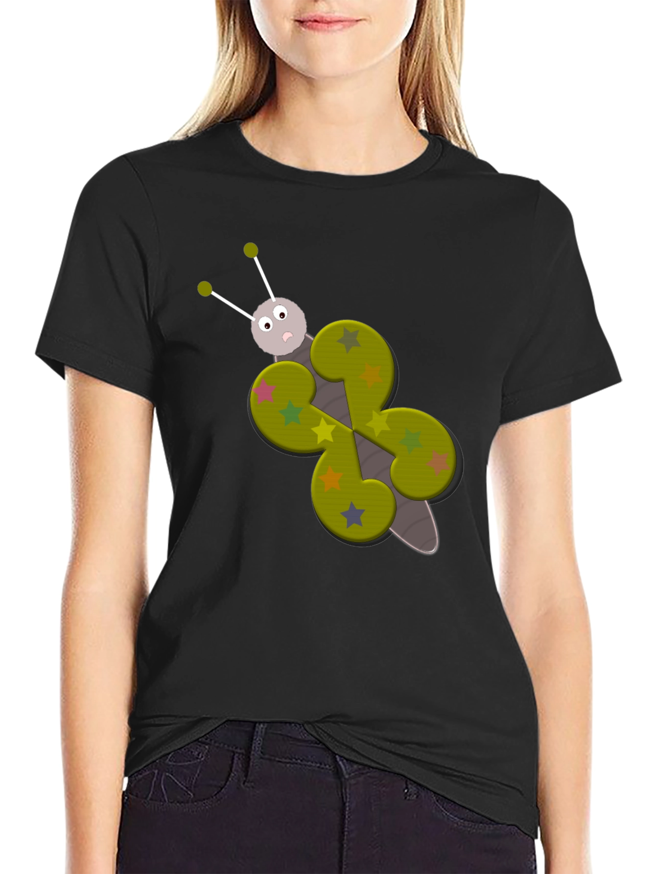 Butterfly Cartoon Graphic Tee - Whimsical Black T-Shirt